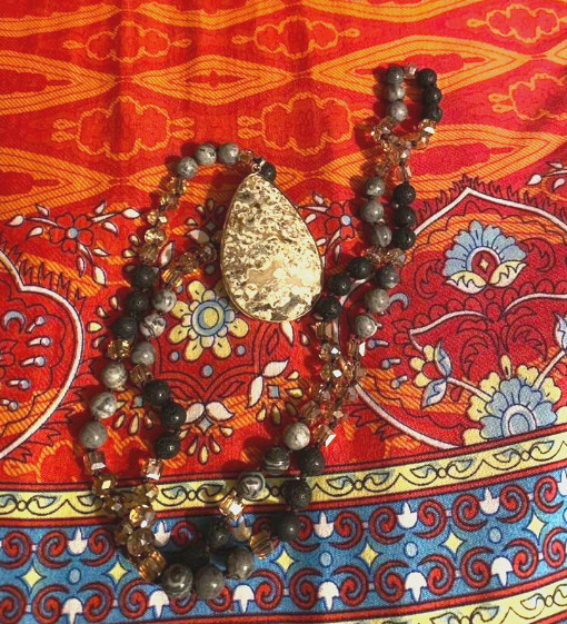 Jasper, Lava Rock & Crystal Beaded Necklace with Pendant 19.5″ *NEW*