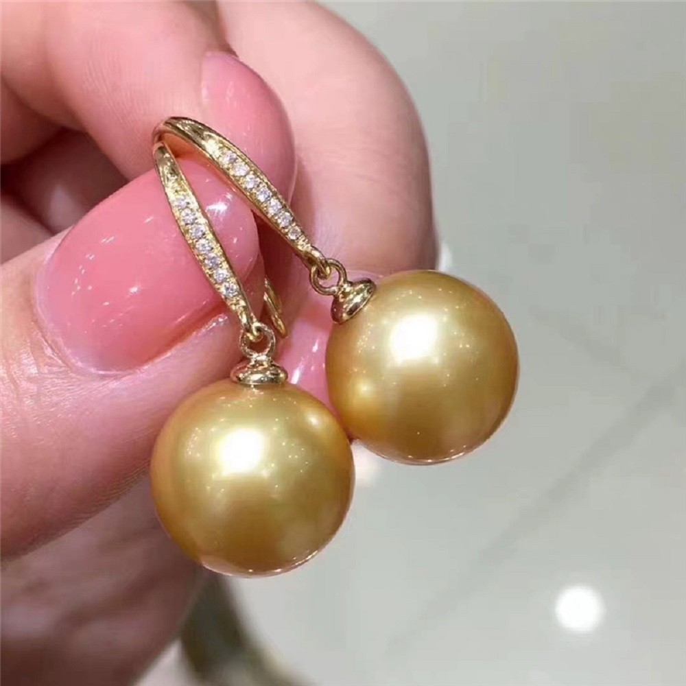 huge AAAAA 10-11 9-10 11-12 12-13mm South Sea gold round Pearl Earrings