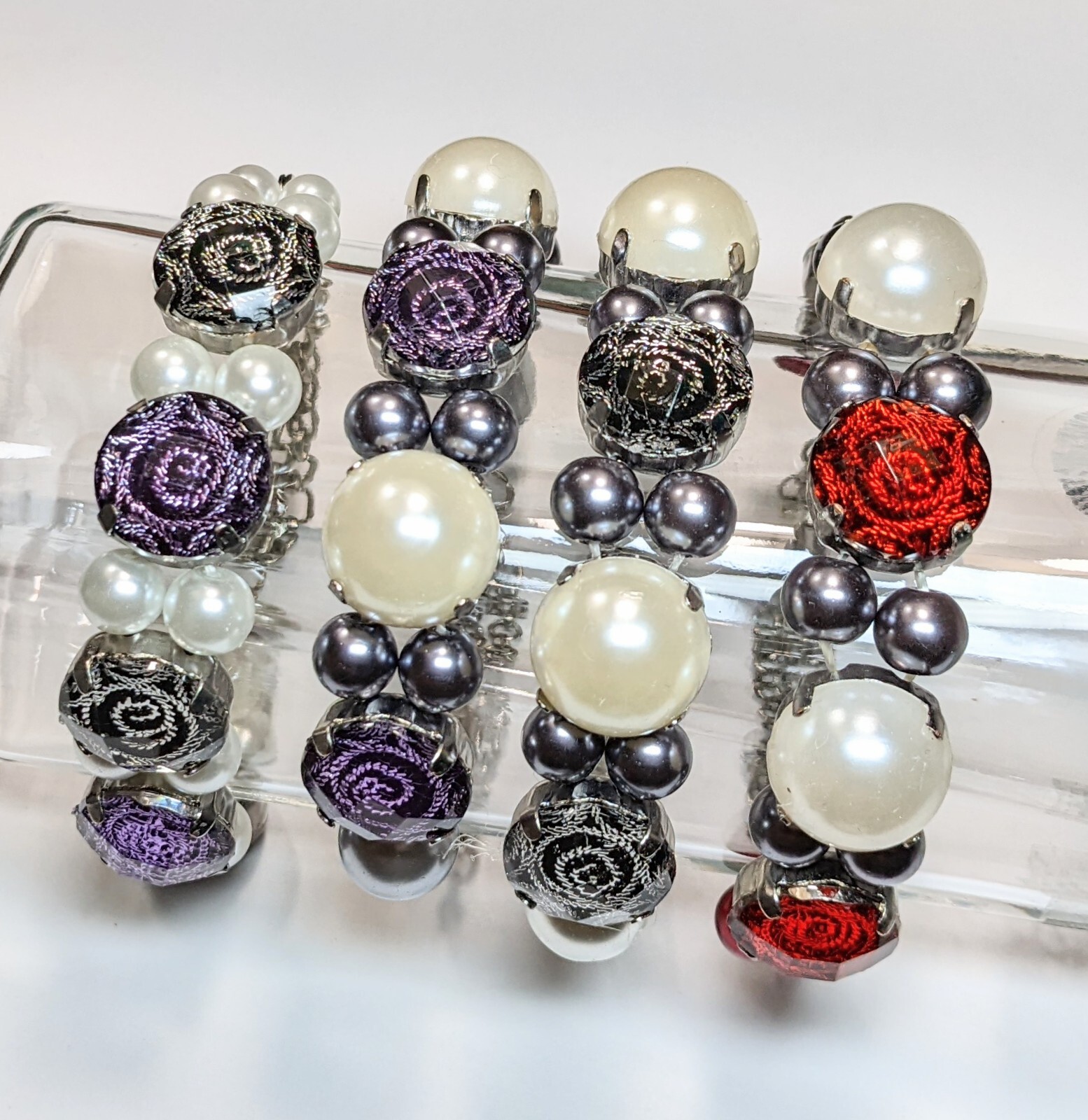 Flower Bracelet Chain Bracelet Woman Rose Purple Silver Stretch Beaded 6 pcs