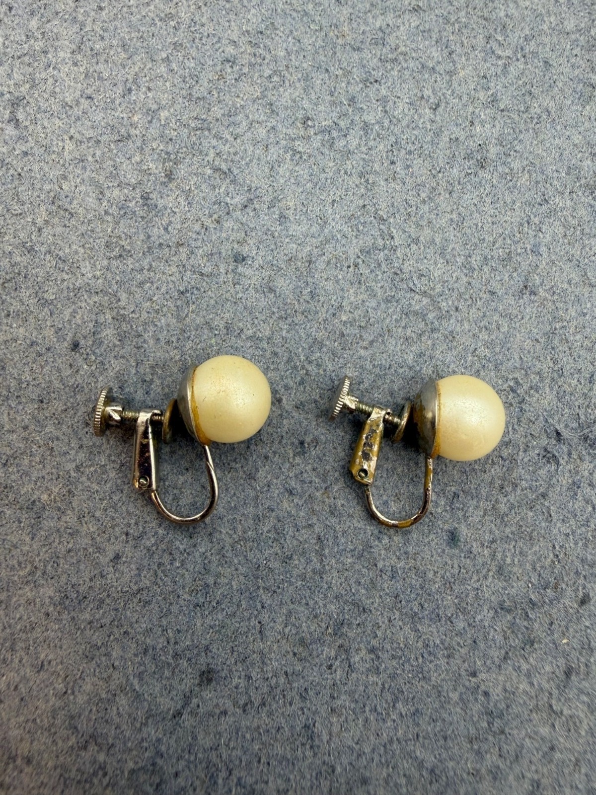 Vintage Hinged Clip-On Earrings 3/8 In As Is Silver Ivory Pearl Retro Screw-Back