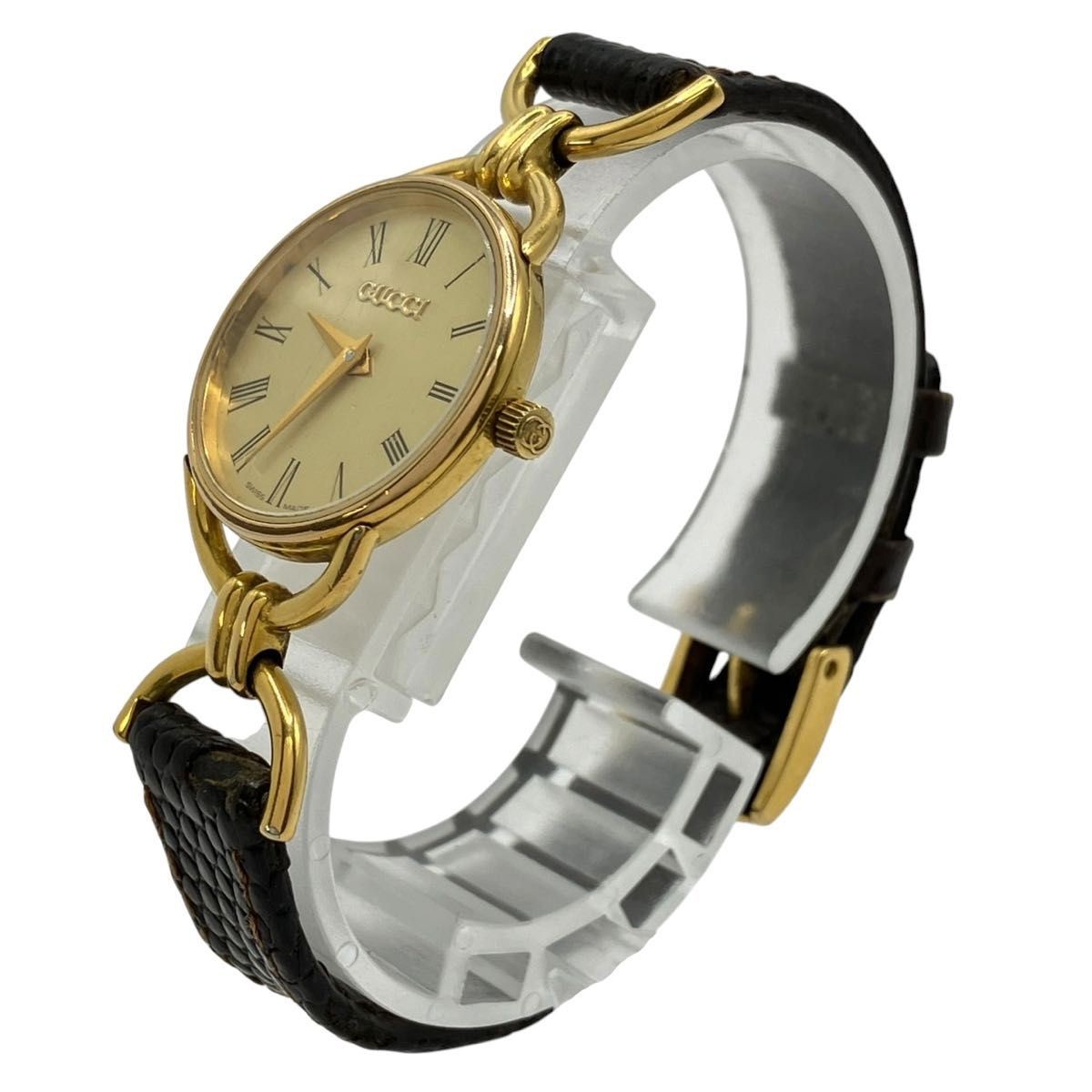Working GUCCI watch gold dial quartz leather belt 6000L