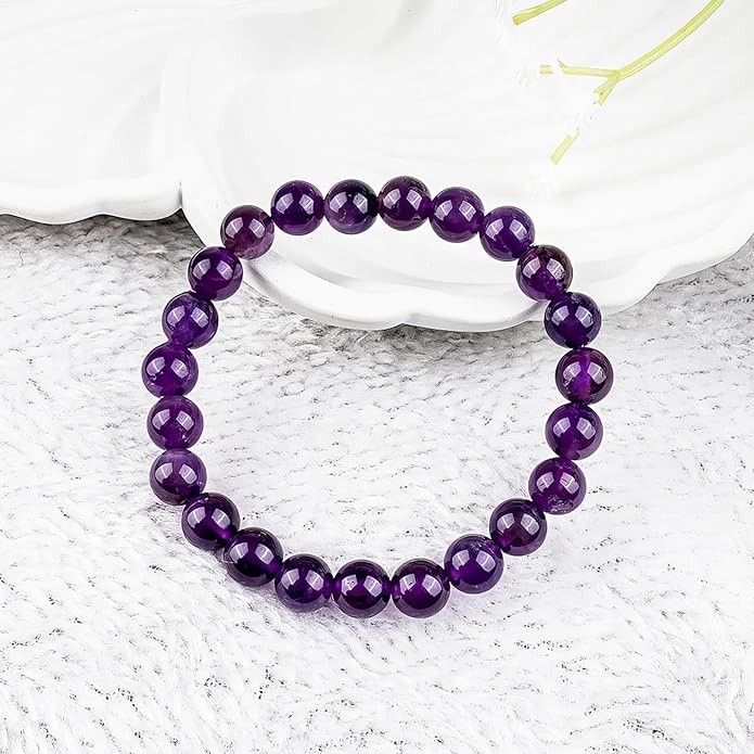 Natural Gemstone 8 mm Bracelet Men & Women Stretchable Crystal Beads – Amethyst