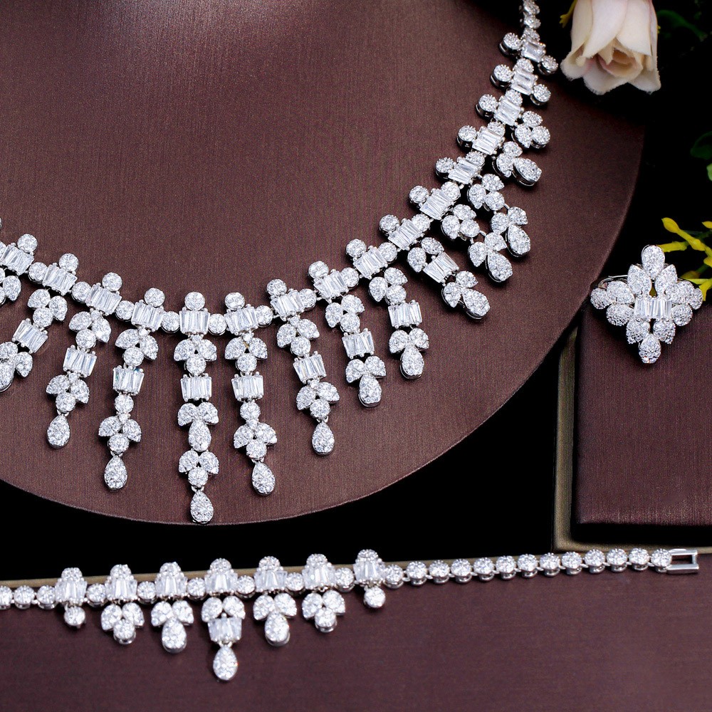 Silver Plated Long Leaf Drop Necklace Earring Bracelet Ring CZ Bride Jewelry Set