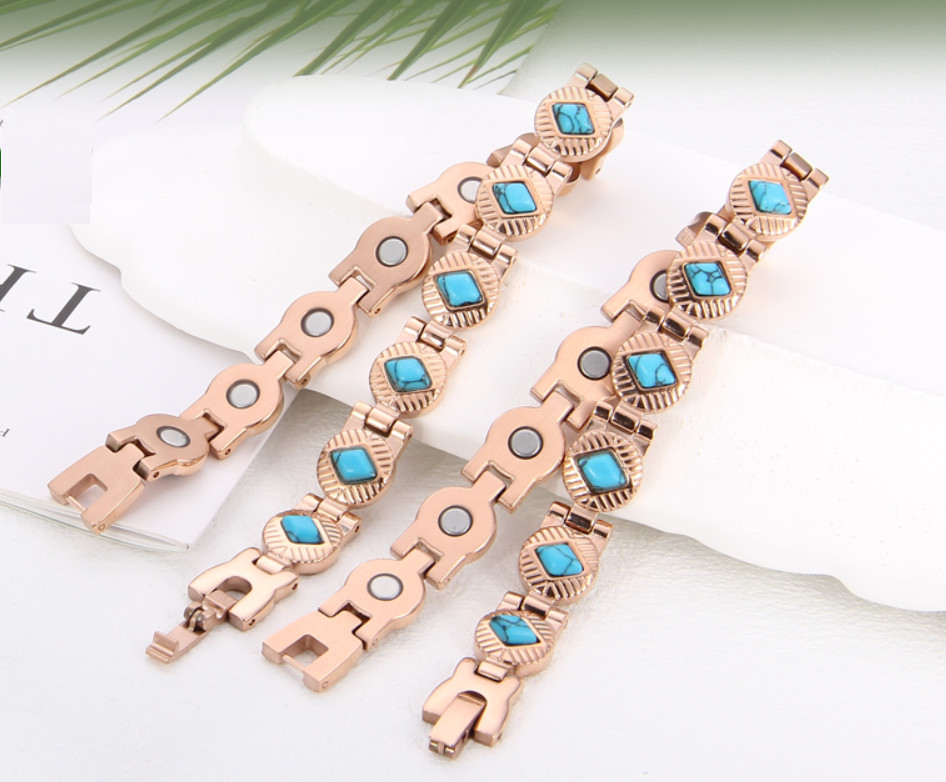 Stainless Steel Rose Gold Plated Link Magnetic Bracelet With Turquoise Stone