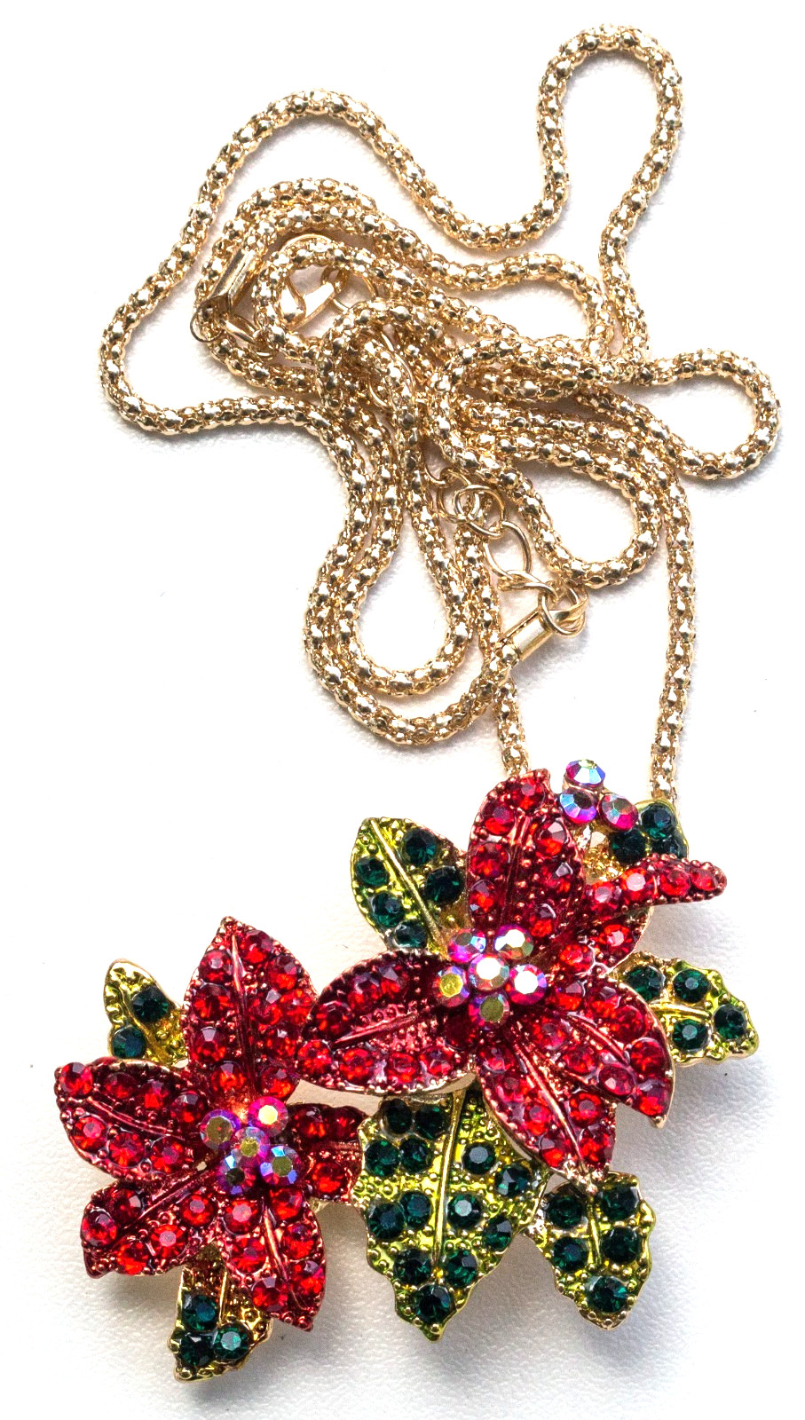 Christmas Holiday Crystal Poinsettias Pendant / Brooch on 25″ Chain