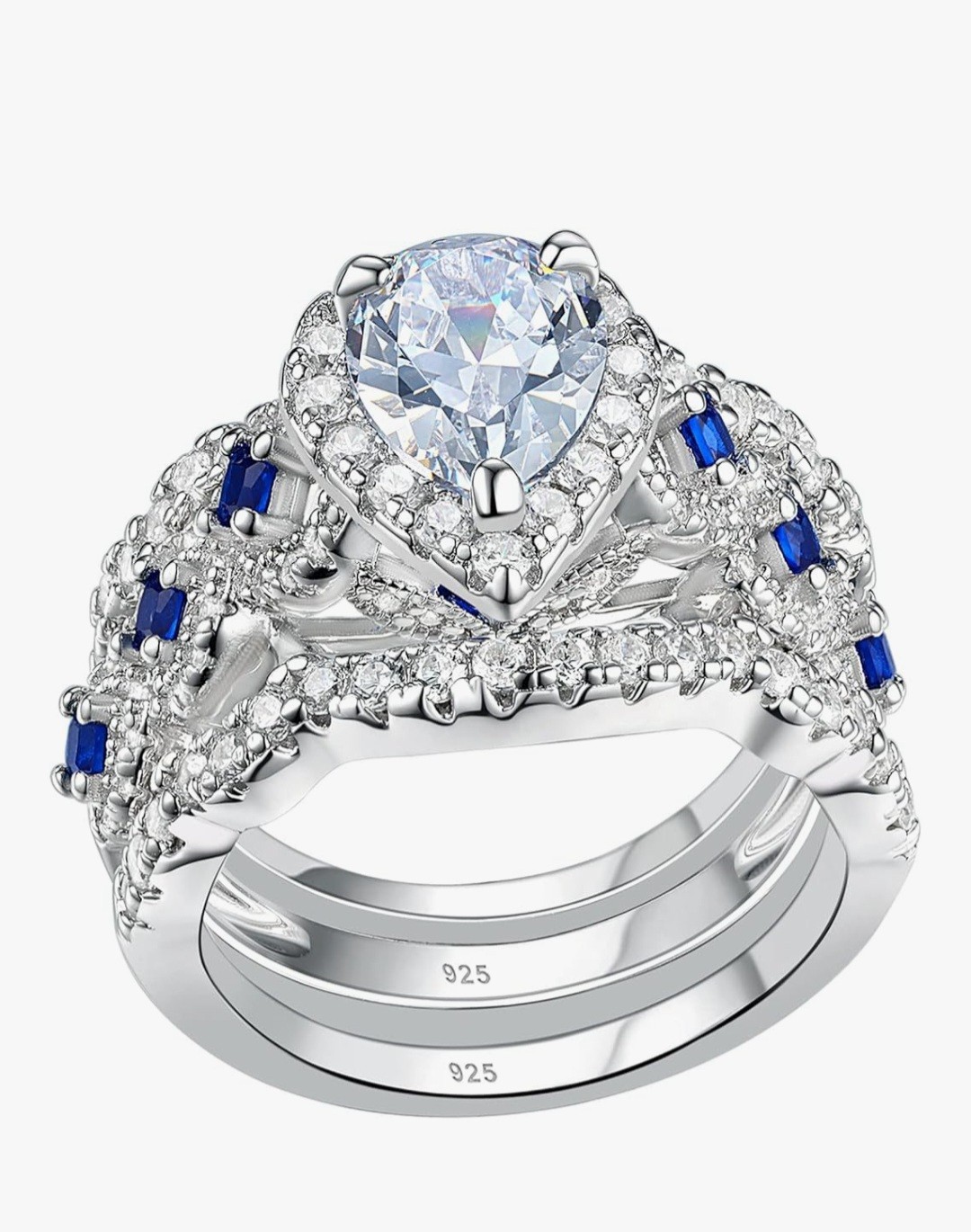NEWSHE STERLING SILVER BLUE SAPPHIRE 3 PIECE RING SET CUBIC ZIRCONIA SIZE 5