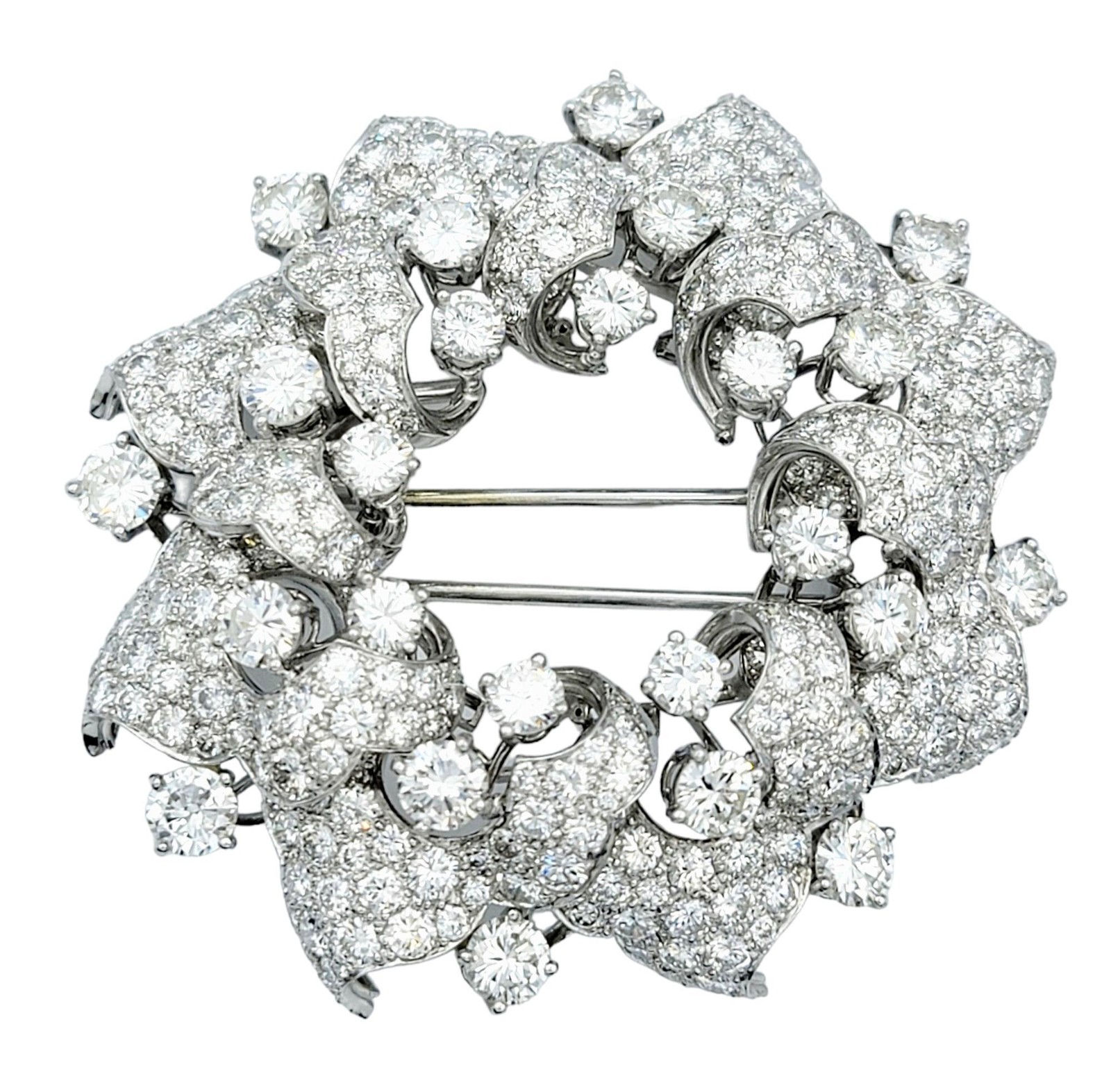 Large 14.60 Carat Total Round Brilliant Diamond Wreath Brooch in Platinum