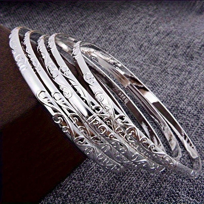 5Pcs 925 Silver Plated Pattern Bracelet Fashion Stacked Band Women’s Bracelet