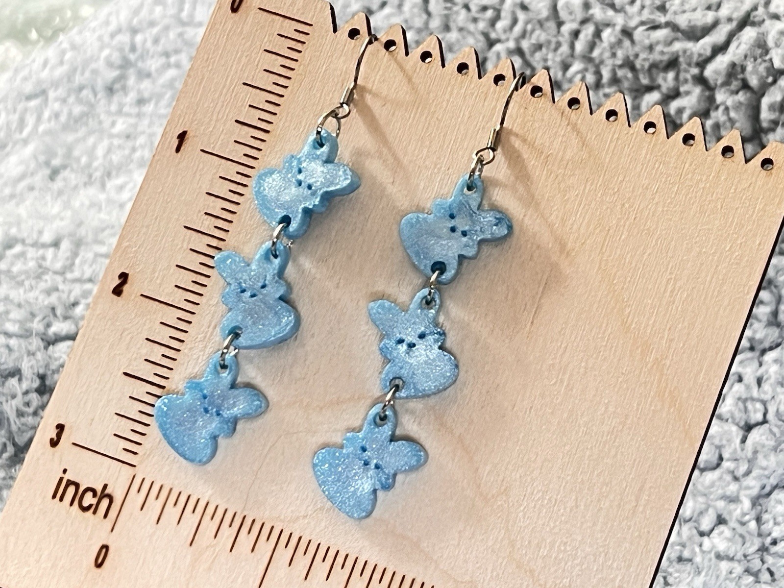 Handcrafted Blue Bunny Dangle Earrings Polymer Clay Animal Theme 2.8 in hook