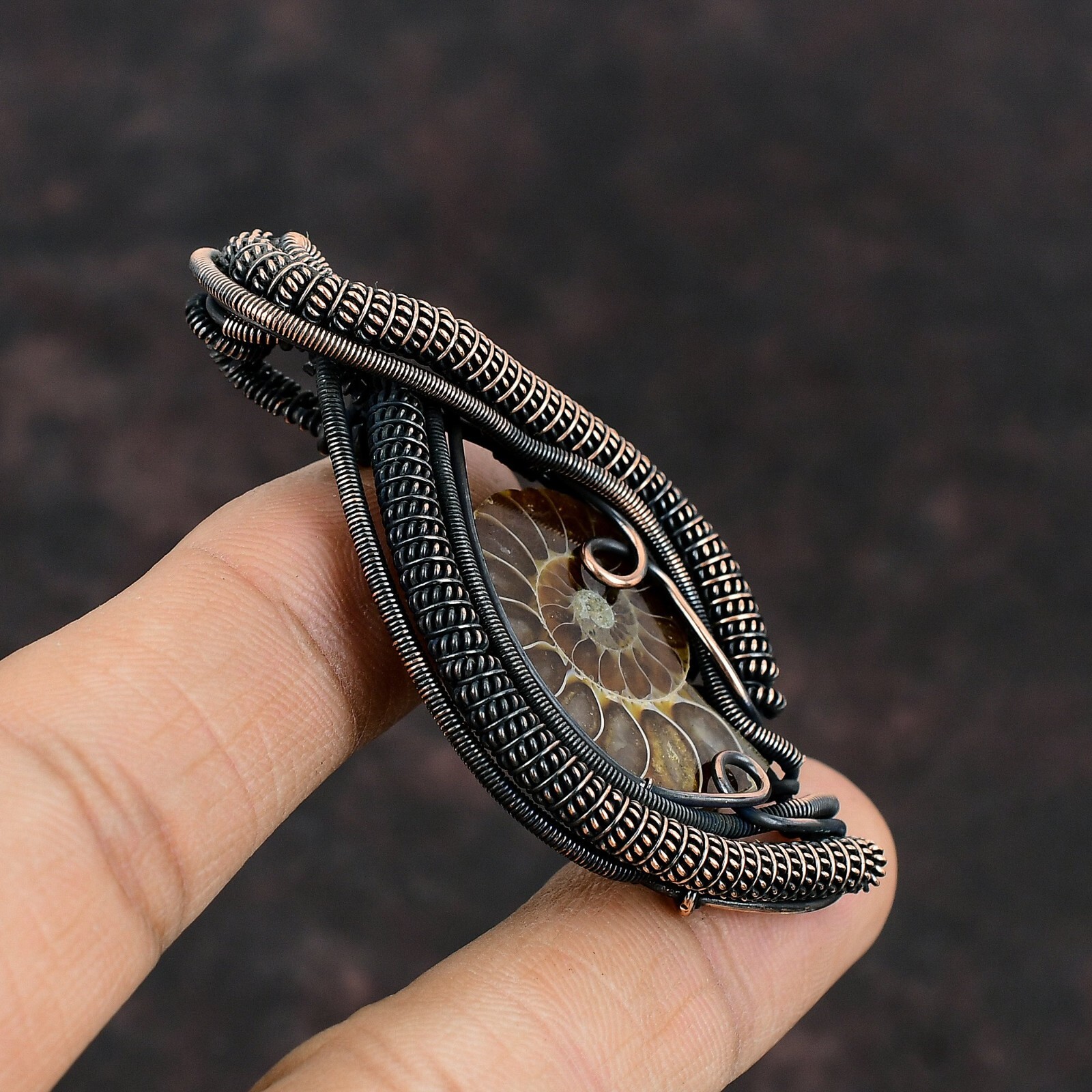 Ammonite Fossil Gemstone Jewelry Copper Mother Gift Wire Wrapped Pendant 2.56″