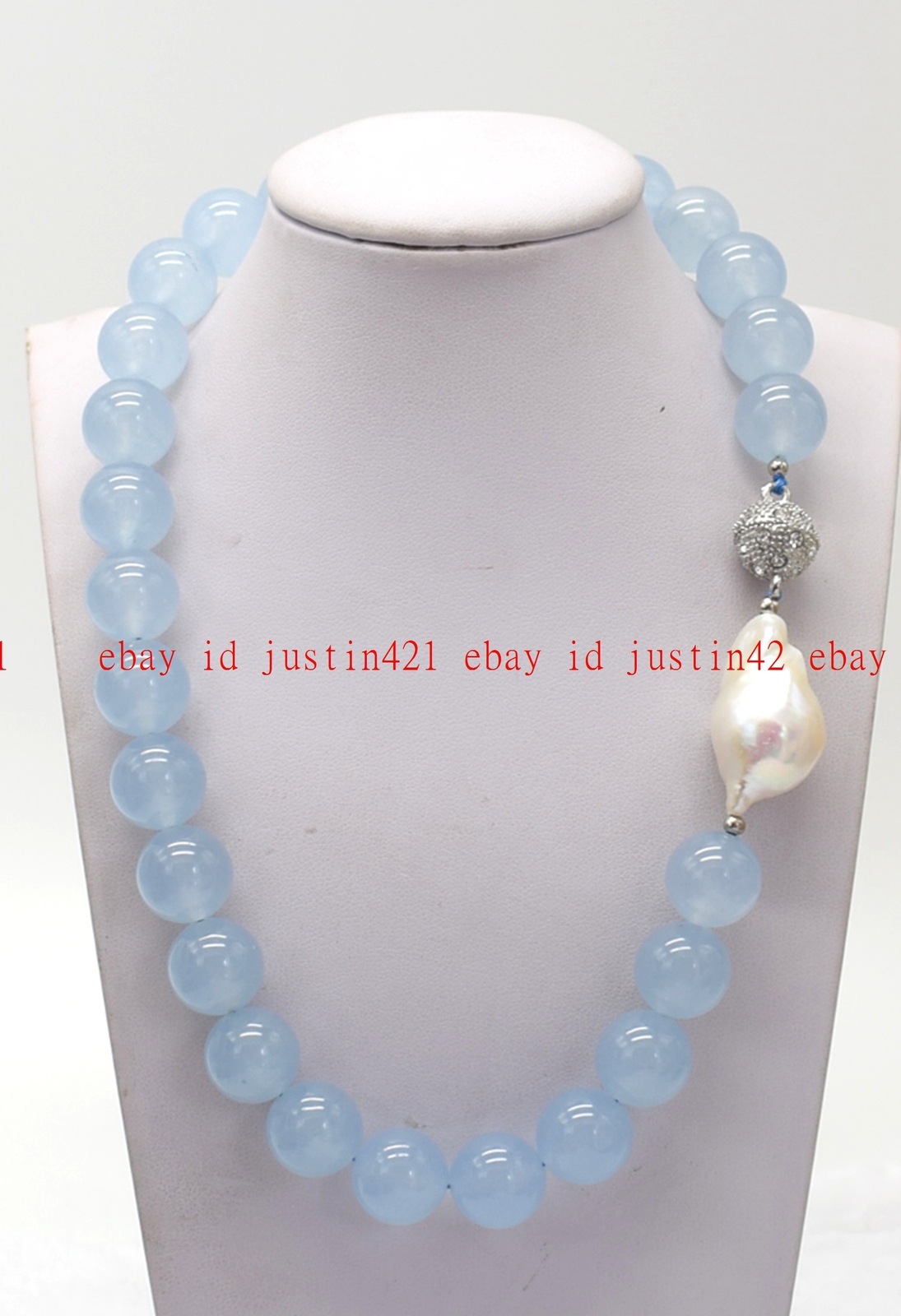 Real Natural Light Blue Jade Round Gemstone White Keshi Baroque Pearl Necklace