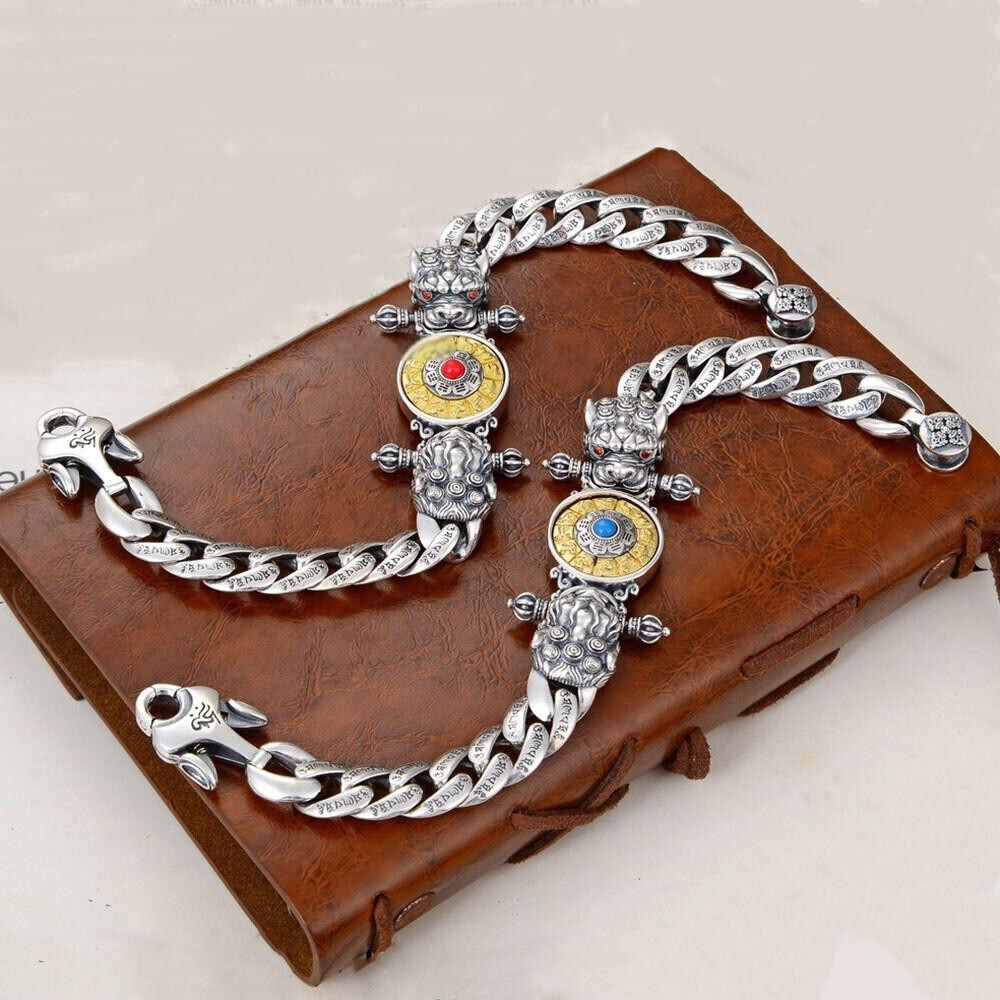 Pure S925 Sterling Silver Chain 11mm Double Pixiu Curb Link Bracelet 7.1-8.7inch