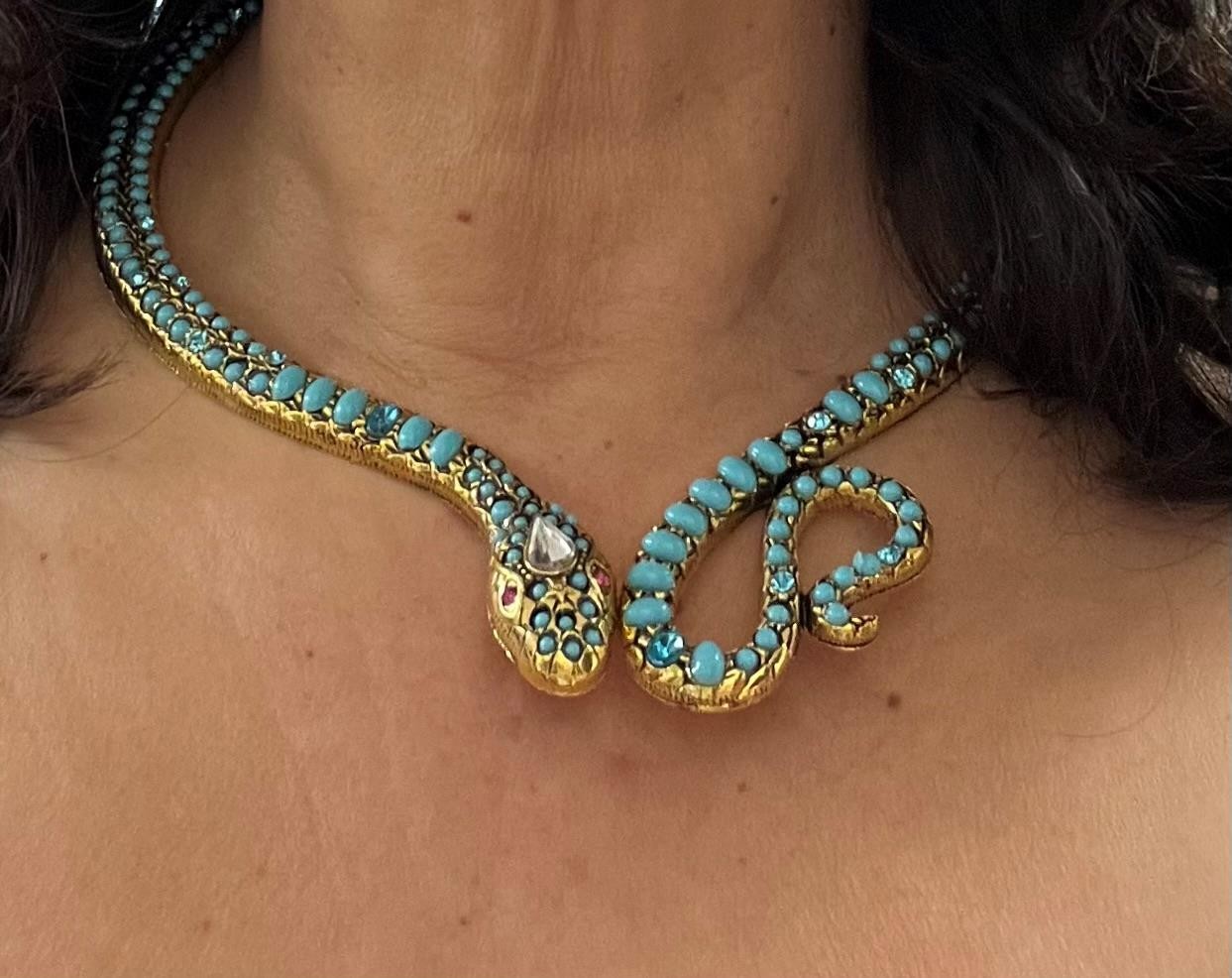 Blue Topaz Turquoise Rhinestone Snake Necklace Wrap Victorian Egyptian Rev. Faux