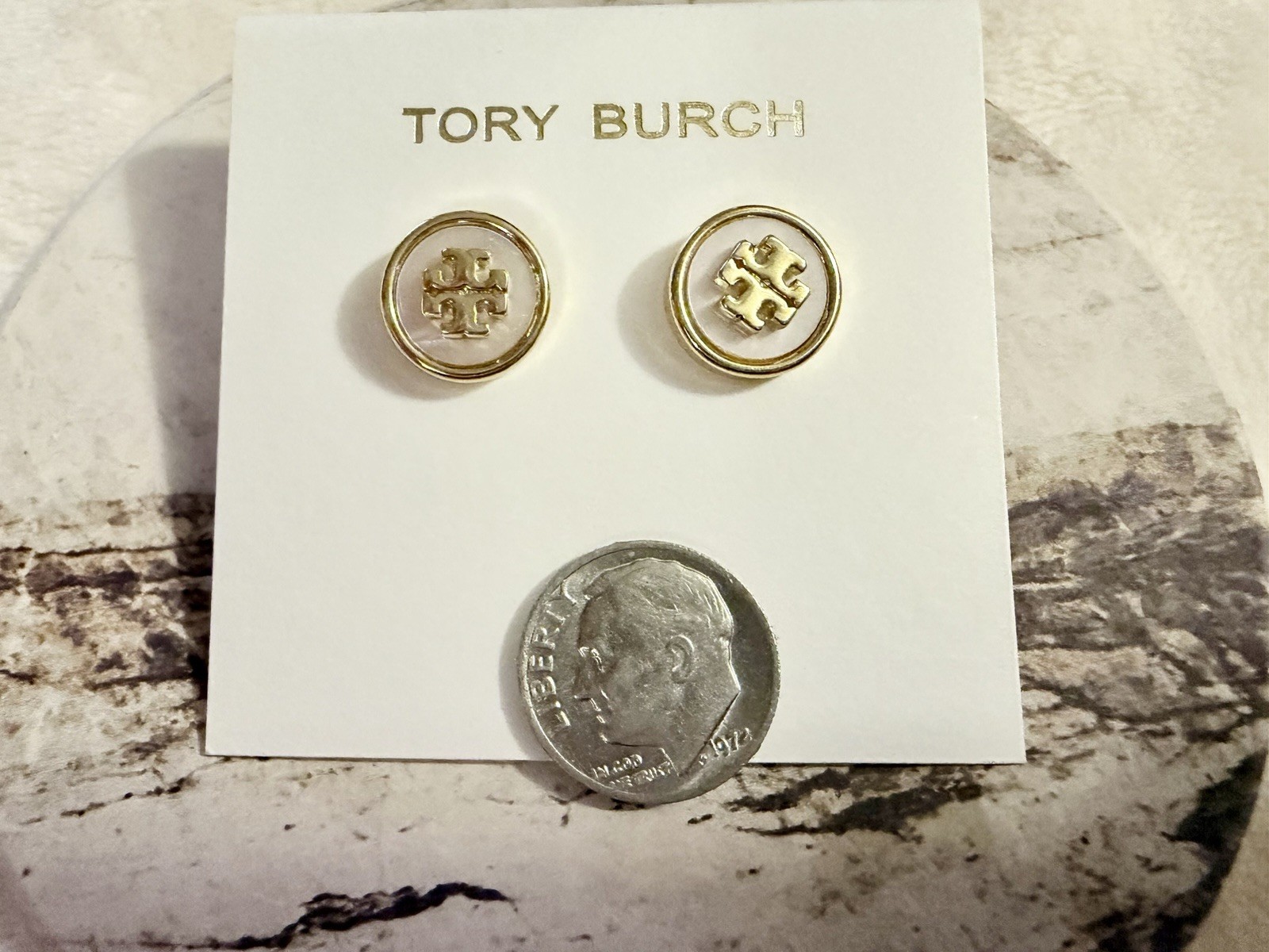 Tory Burch Gold-Tone Mother Of Pearl Earrings with Logo Design