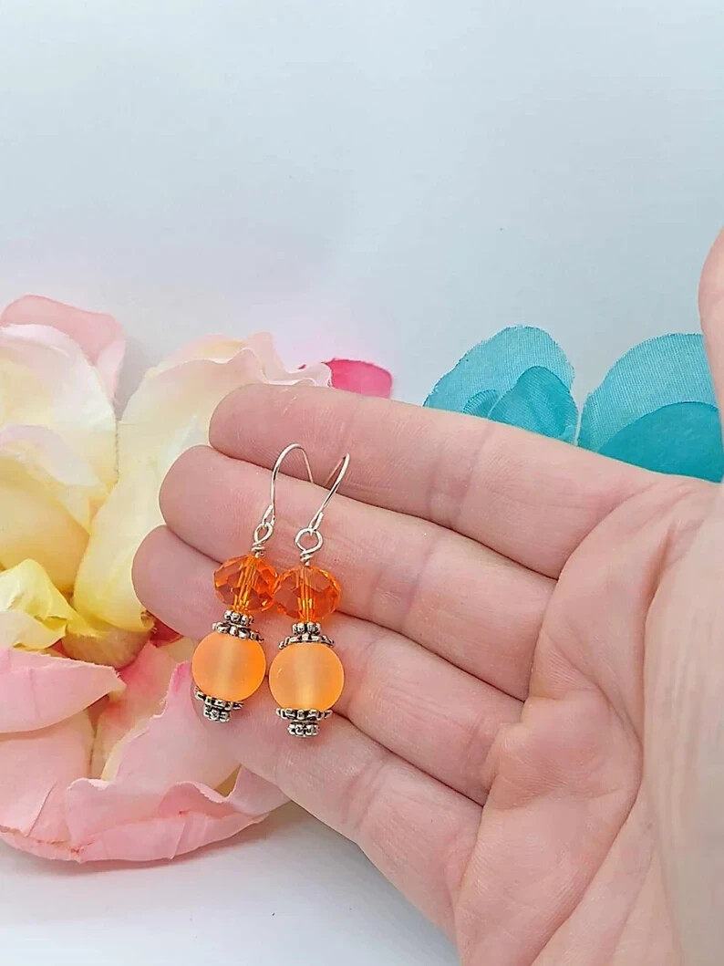 Orange Sea Glass Silver Dangle Earrings-Beach Dangles-Gift For Beach Lover-Gift