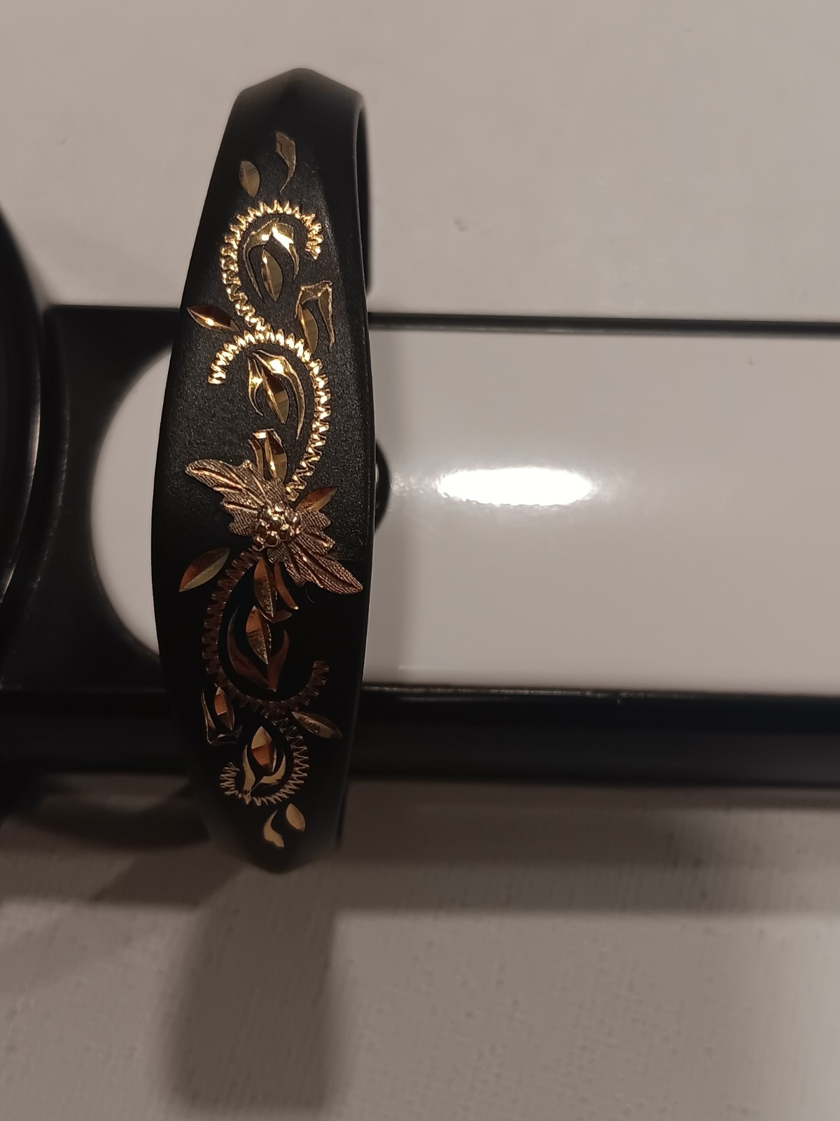 Landstrom’s Black Hills Gold Powder Coated Cuff Bracelet 10K Trim 12K Leaves.