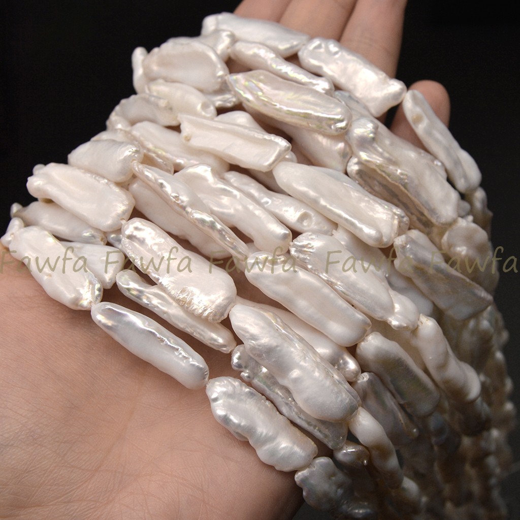 25-30mm Natural White Unique Biwa Long Baroque Freshwater Pearl Loose Beads 15”