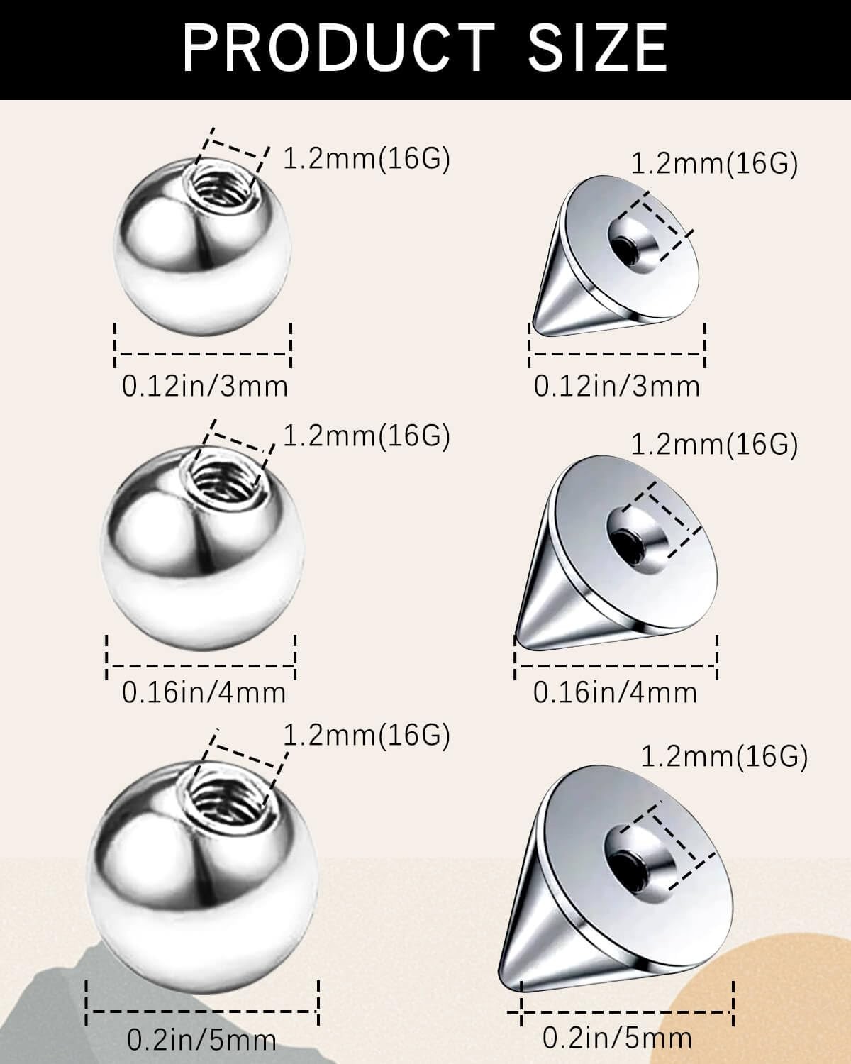 60Pcs 16G Piercing Balls Replacement Spikes 3mm,4mm,5mm, Silver