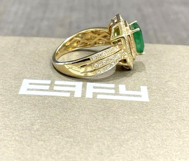EFFY Emerald Diamond Double Halo 14k Yellow Gold Ladies Cocktail Ring