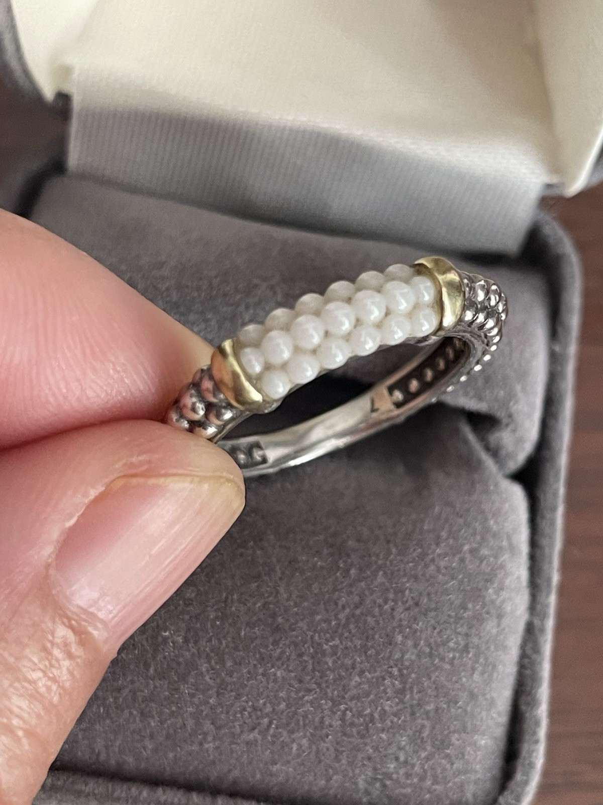 Vintage Lagos Caviar Marked 18k Sterling Silver 925 White Ceramic Ring Size 7