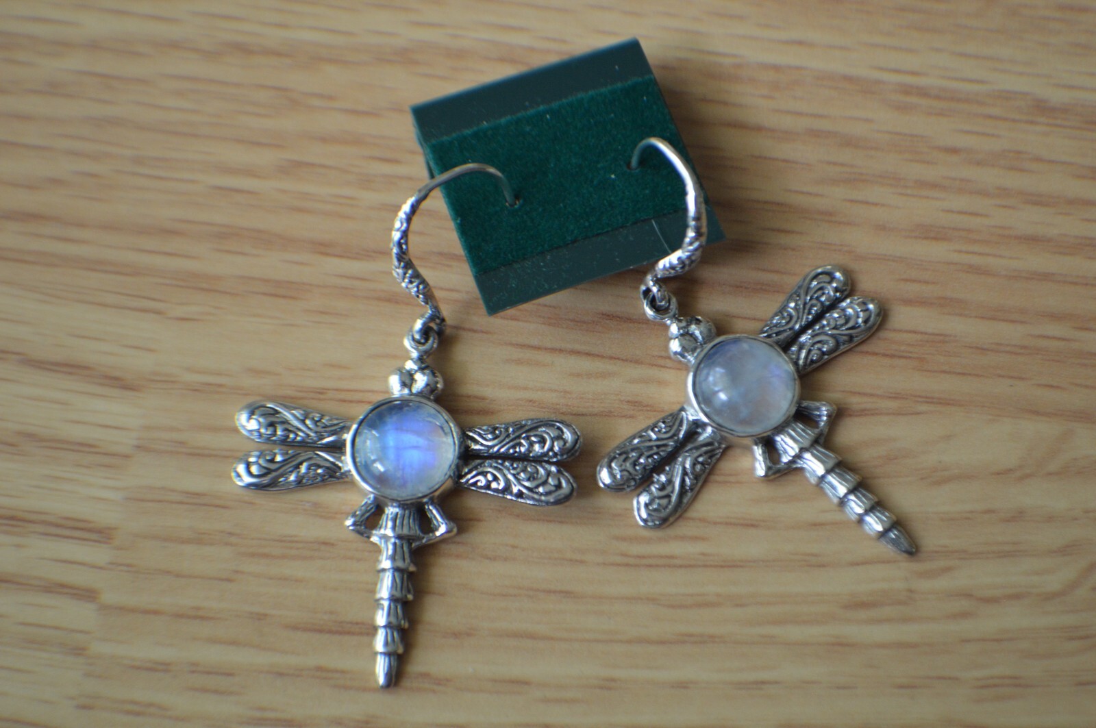 8.85ct Kuisa Rainbow Moonstone Dragonfly Earrings Antiqued Fine Sterling Silver