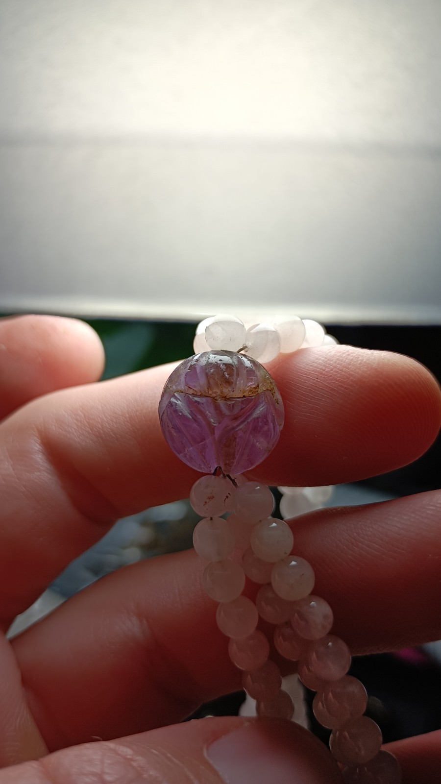 Vintage Chinese Rose Quartz Carved Amethyst Stone Beaded Necklace Silver Clasp