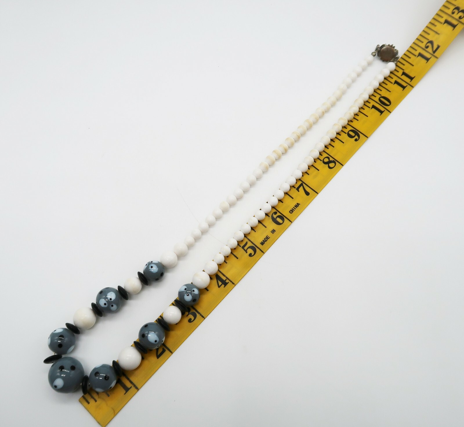 Fun vintage gray white & black polka dot beaded necklace princess length