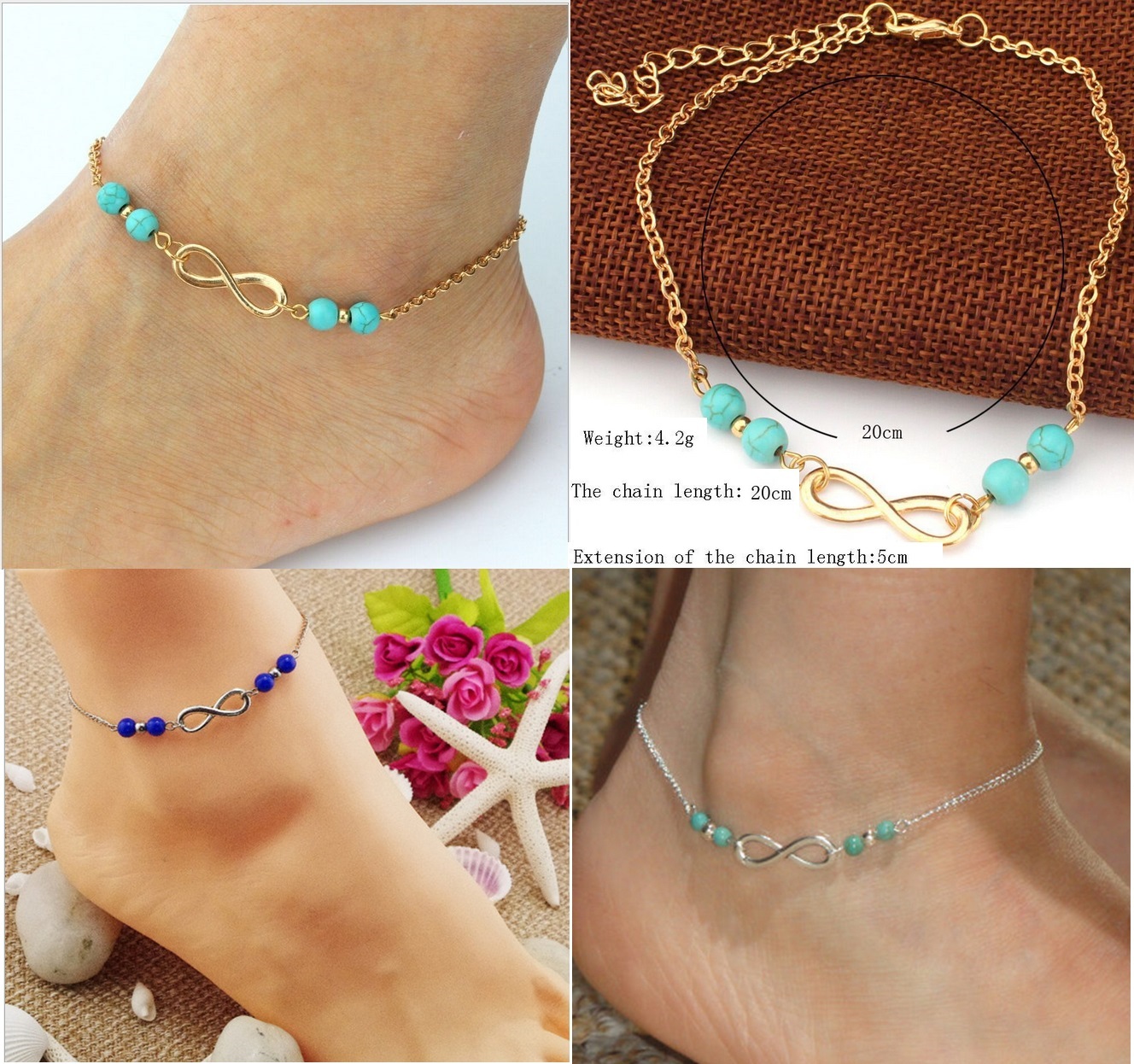 10″ Women Girl Silver Gold Infinity 8 Blue Beads Chain Ankle Bracelet Anklet S10