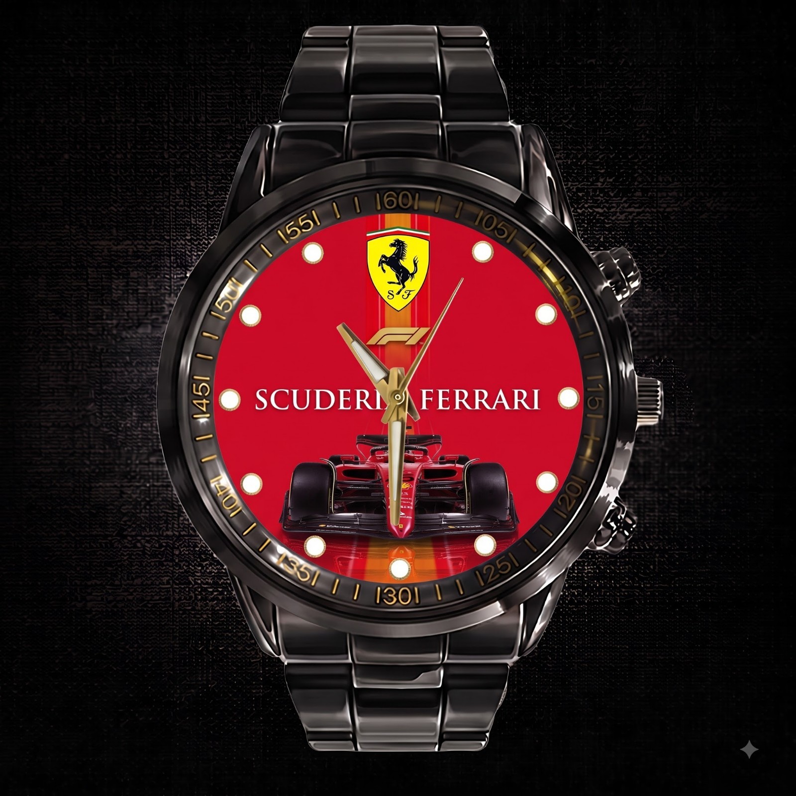 Ferrari Inspired Red Motorsport Watch Luxury Racing Black Stainless Steel Watch