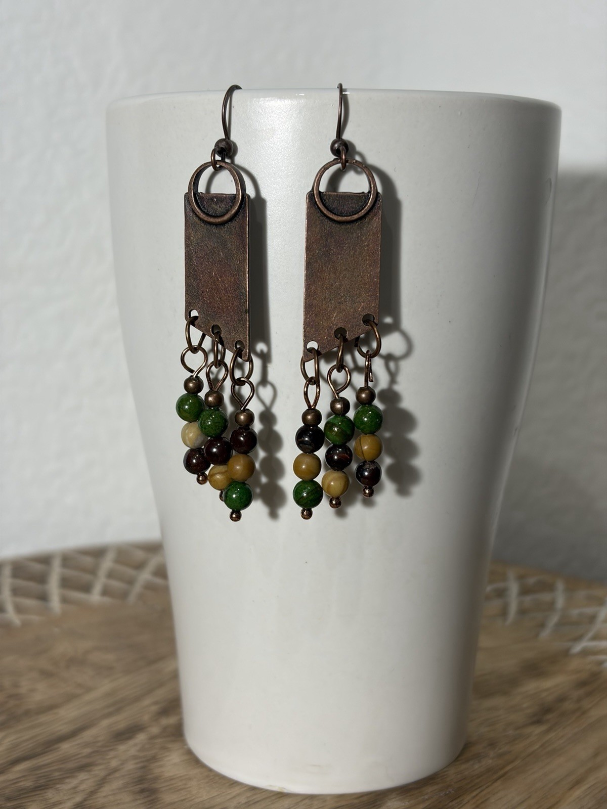 Brown/Green/Beige/Black Metal/Stone Rectangle Beaded Hook Earrings, 2.5 in