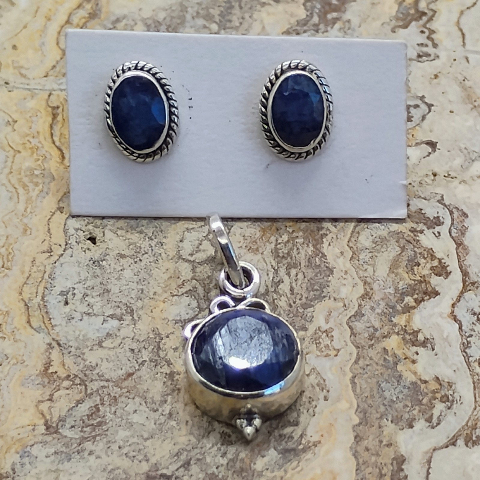 Sterling Silver Faceted Blue Sapphire Stud Earrings & Pendant Set Dainty Elegant