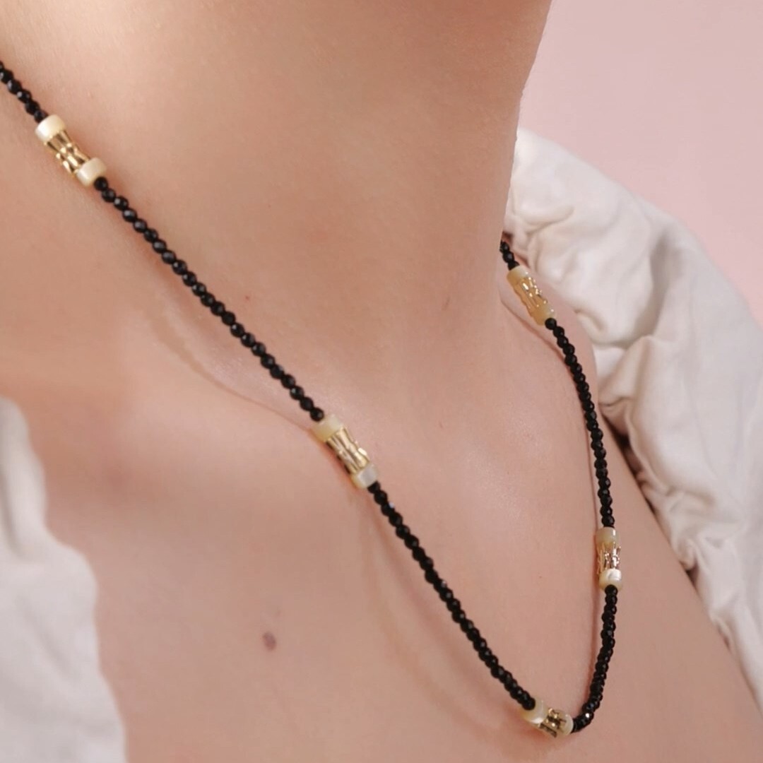 Gold black small stone cats eye handmade chain necklace 40 to 45.5 cm