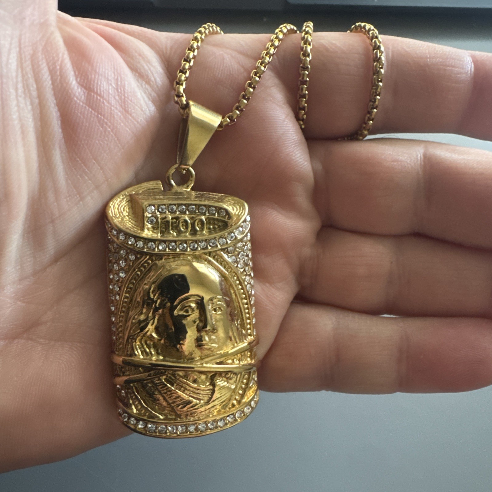 $100 Bill Pendant Gold Cubic Zirconia 24” Chain Hop Hop Money Dollar Franklin