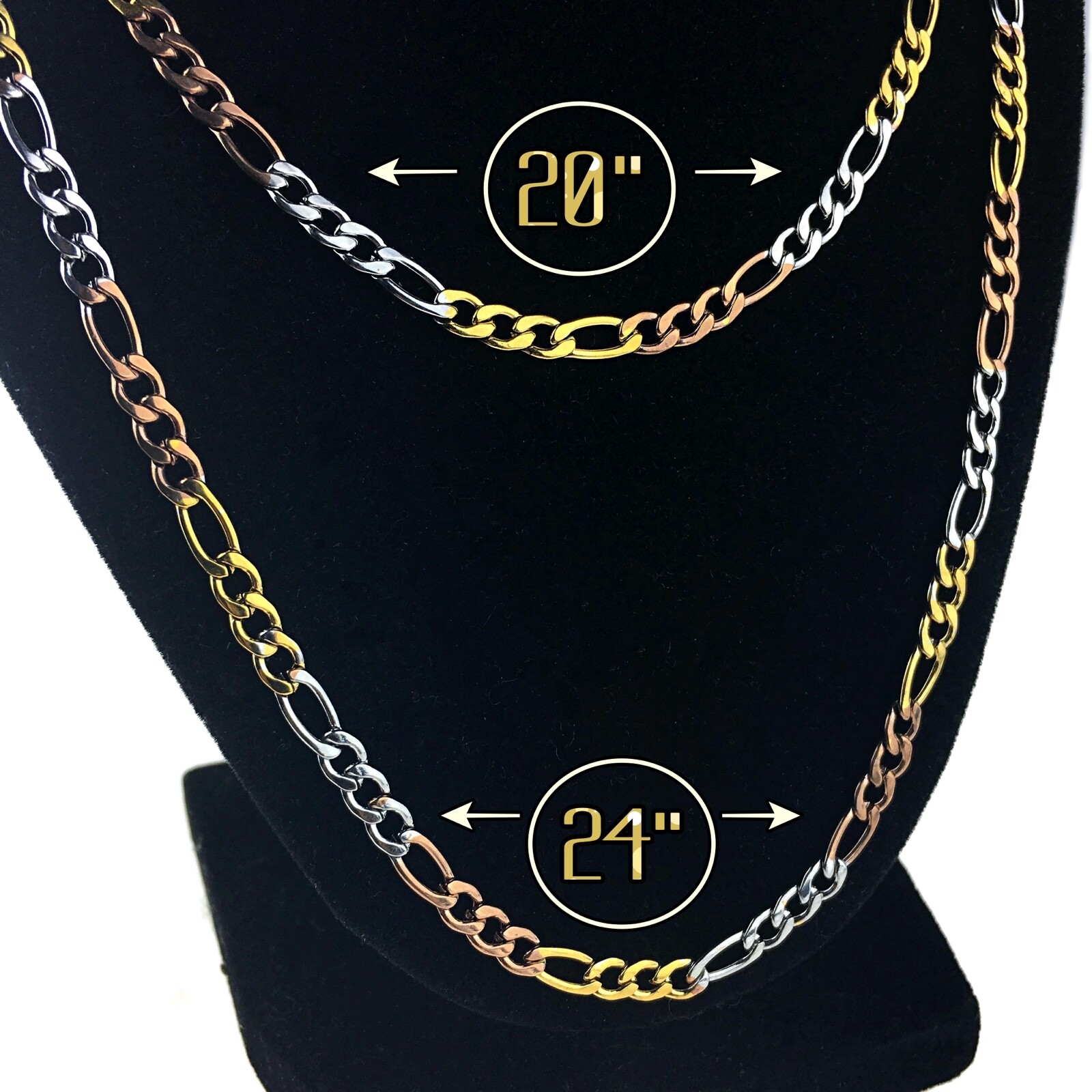 Stainless Steel Figaro Chain Tri Tone Silver Gold Rose Gold Necklace 20″ or 24″