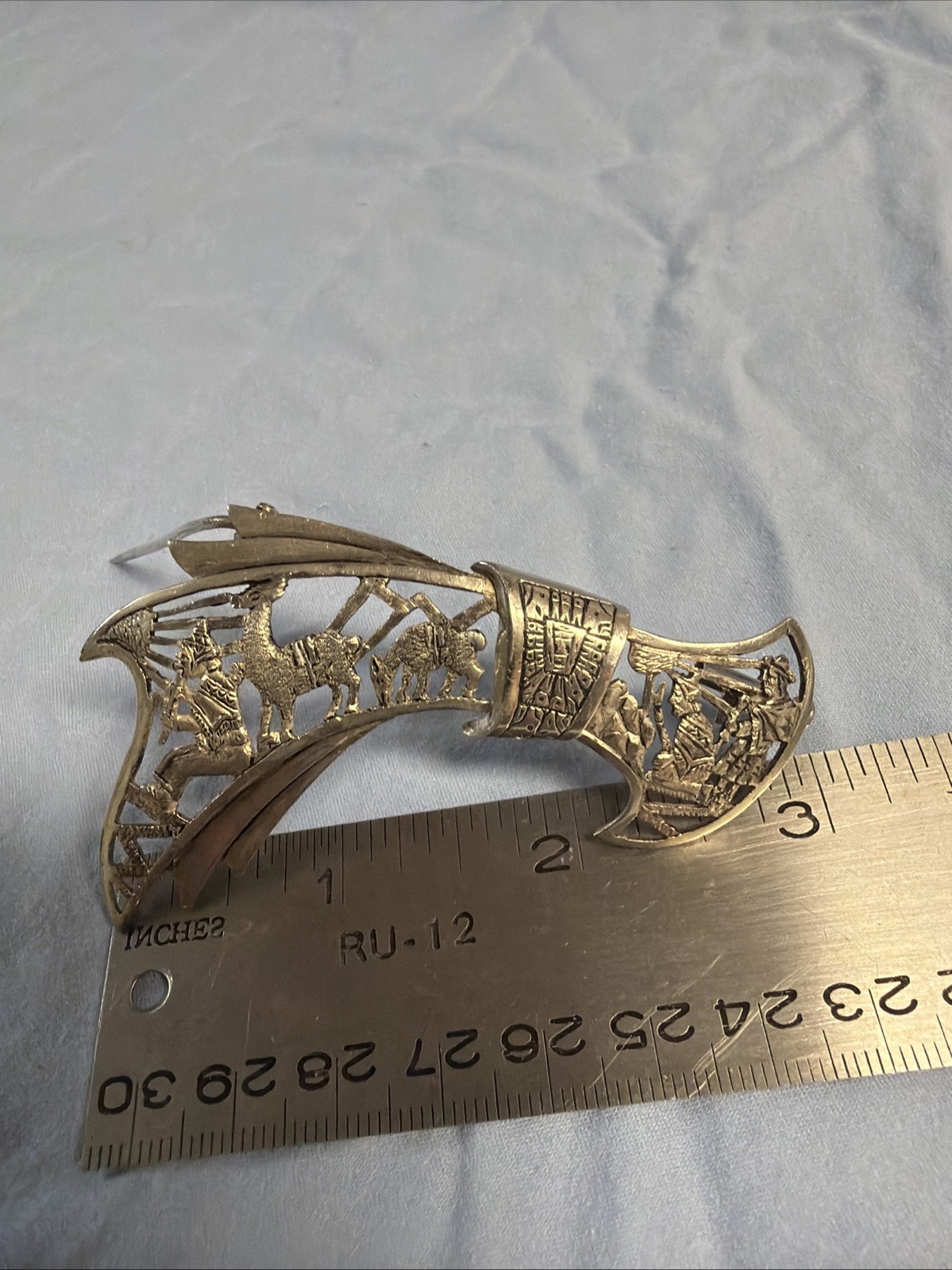 Vintage 1950S Damascene Style Pin From Peru, S America. Sterling Silver 13 G ￼