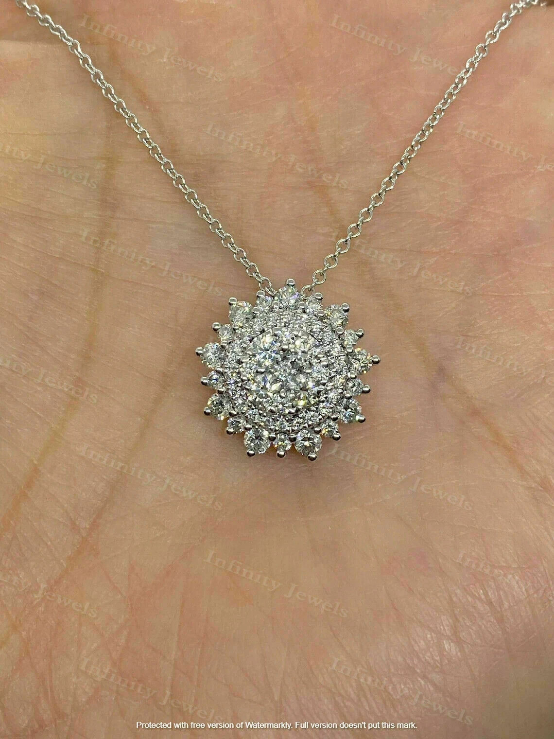 2Ct Round Cut VVS1 Diamond Sunflower Pendant 18″ Free Chain 14K White Gold Over
