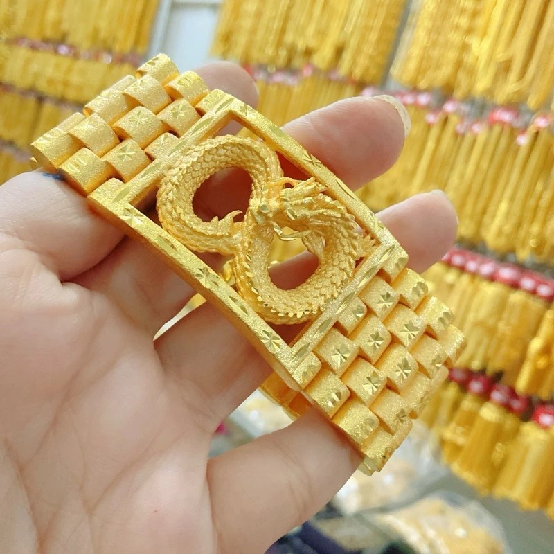 D13 Carved Dragon Bracelet 24k Gold Plated Men Jewelry Gem Weight 20 Baht 8.5″