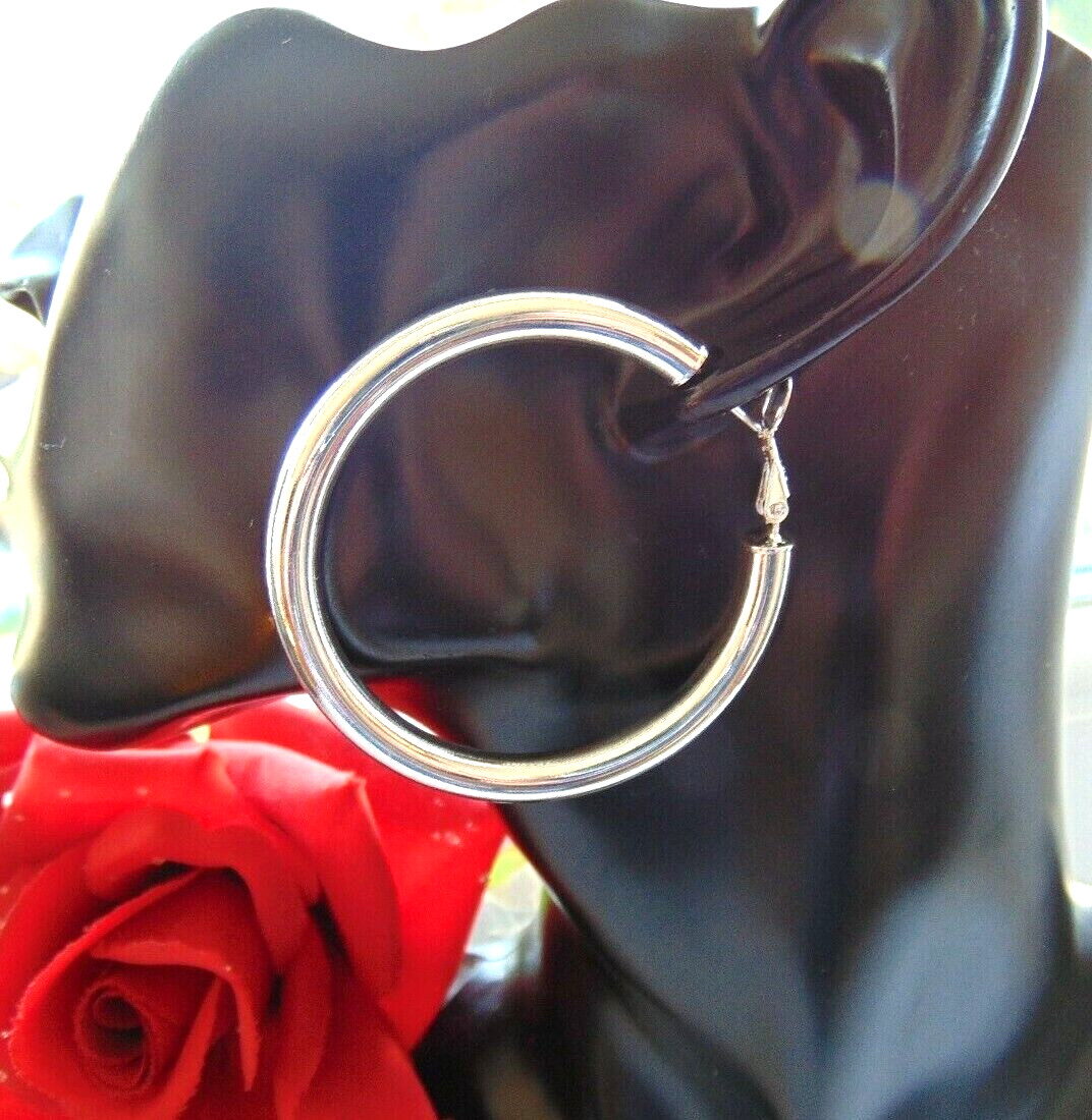 925 Silver XXL Hoop Earrings 50mm 5mm Large Round Dangle Mirror Hinged Clasp