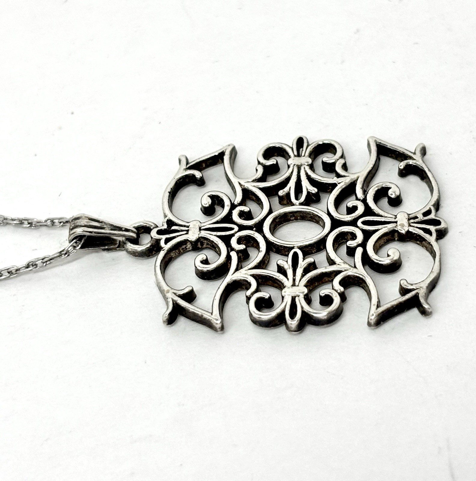 James Craig Sterling Silver Open Scrollwork Pendant Necklace Baroque Gothic Rev