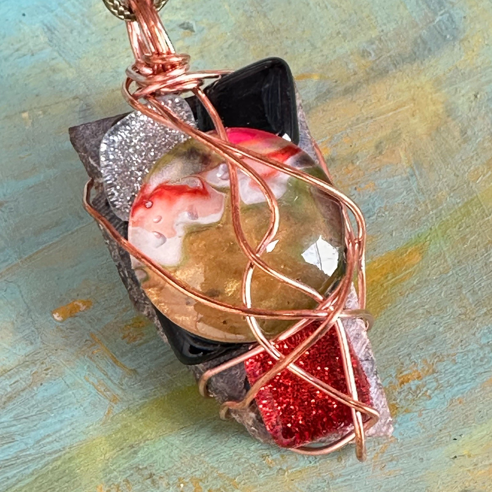 Pendant OOAK Handmade Artisan Wire Wrapped Glass And Stones 2204 S