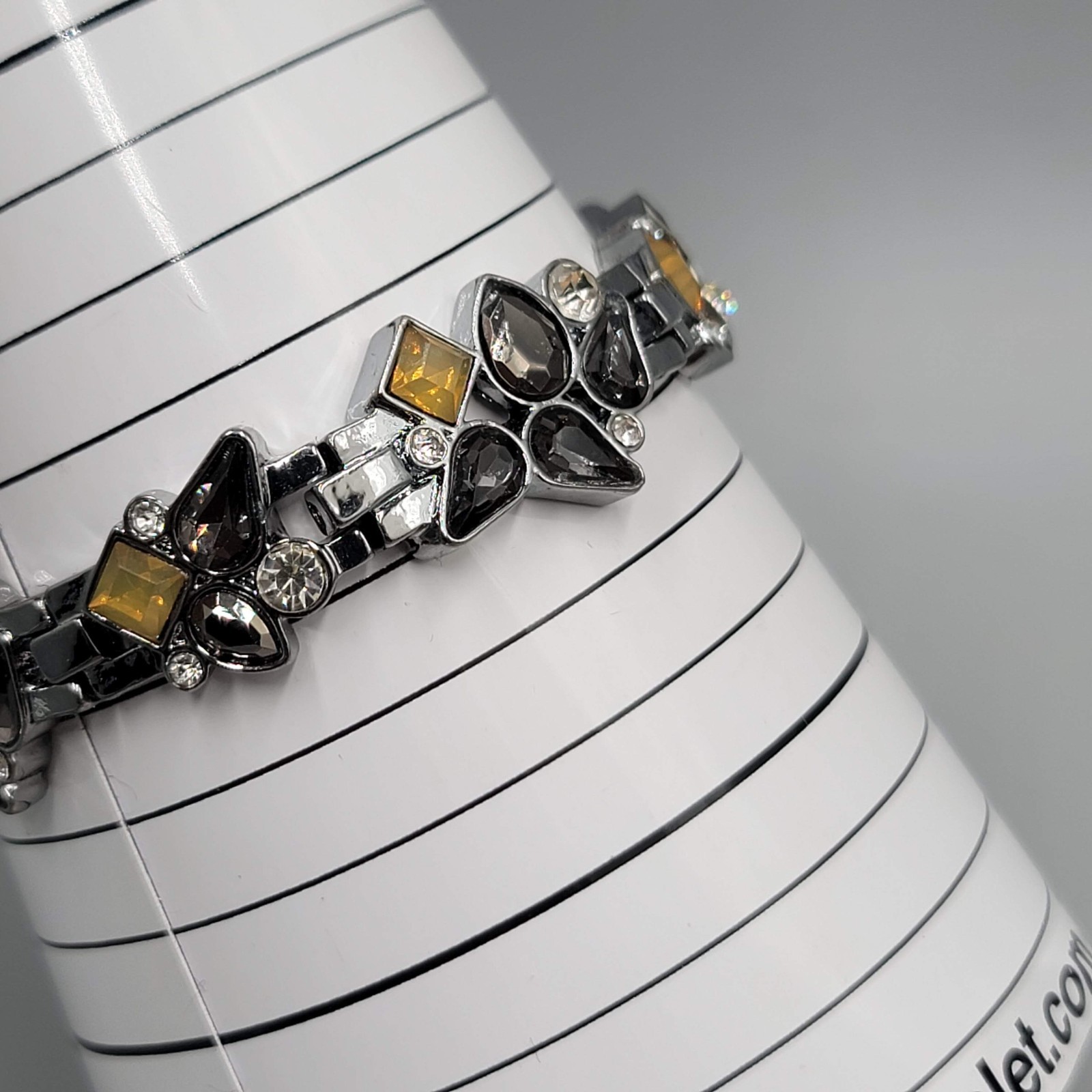 Black Yellow Rhinestone Bracelet Gun Metal Gray Metal Elastic 7″