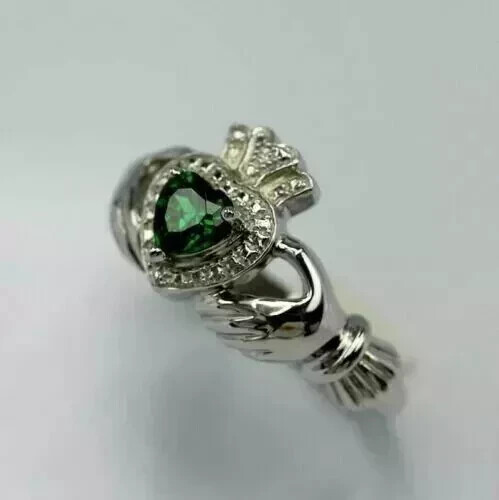 2.2CT Heart Cut Lab Created Emerald Claddagh Engagement Ring 925 Sterling Silver
