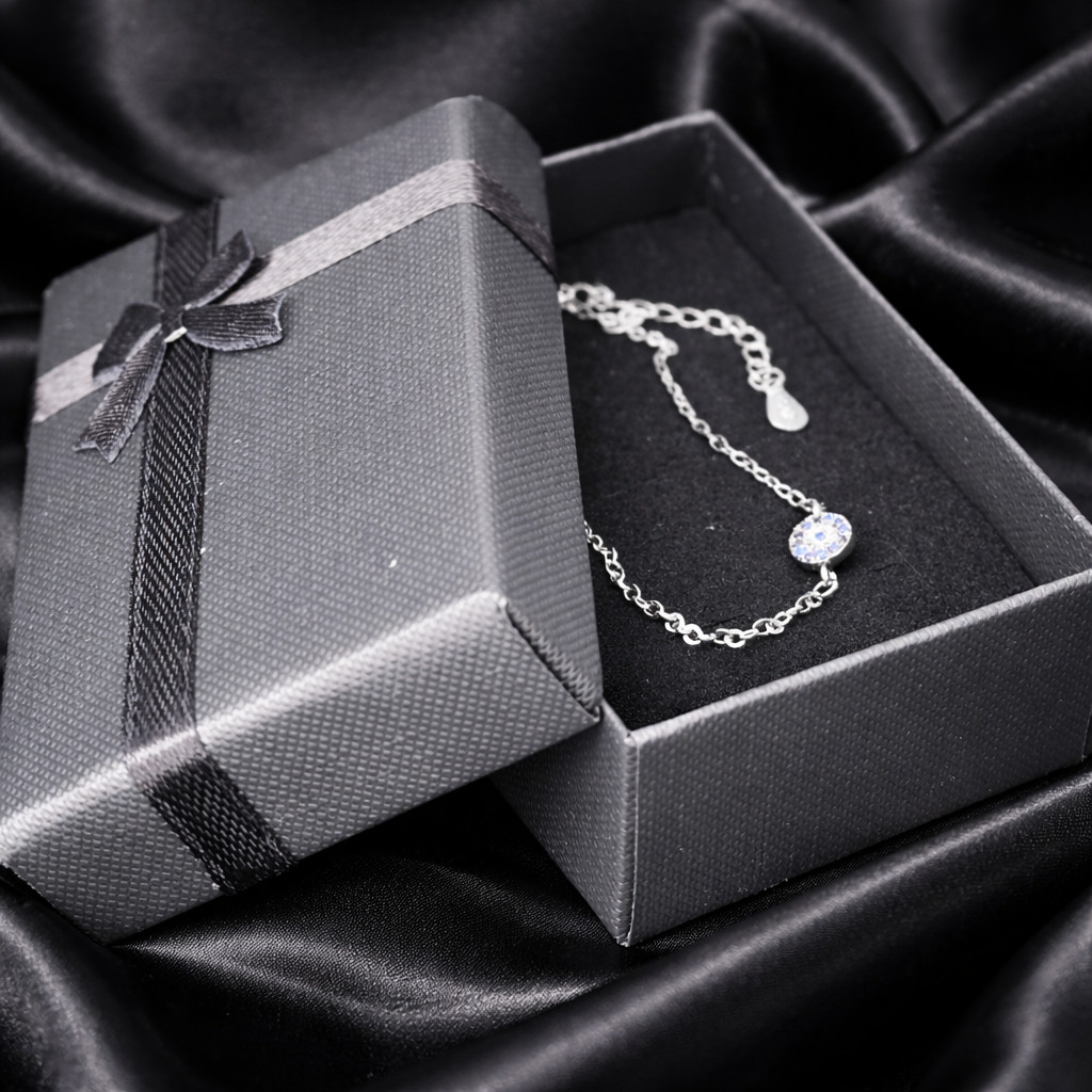Evil Eye Bracelet Blue & Clear CZ Silver Plated 16cm – 21cm + Gift Box