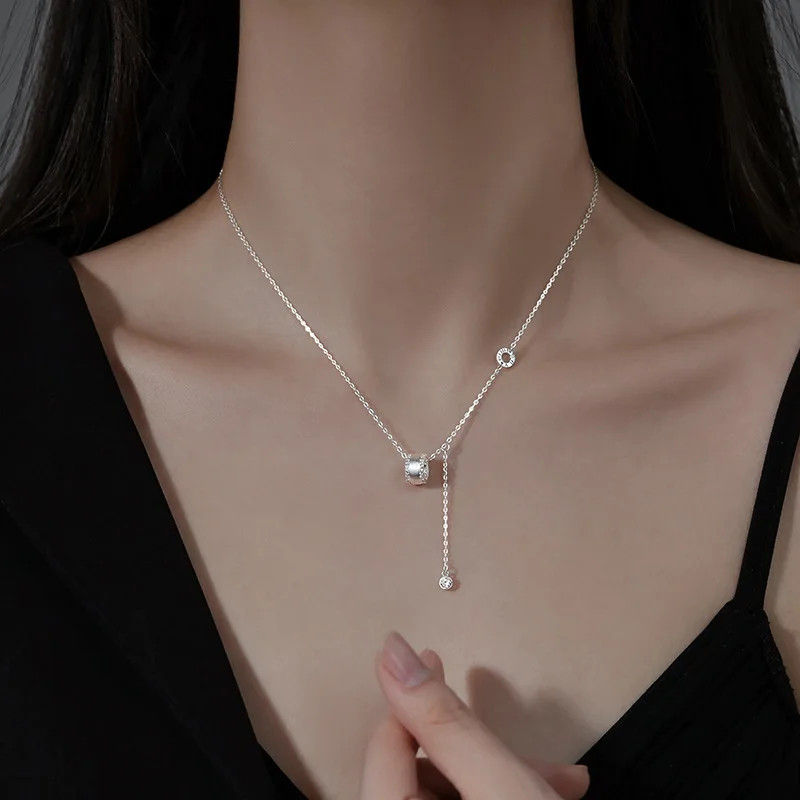 Silver Color Geometry Hollow Round Zircon Tassels Necklaces for Women Fashion Je