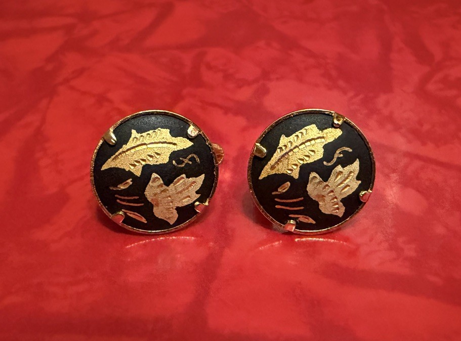 Vintage Black & Gold Damascene Flower Stud Earrings Handcrafted MCM