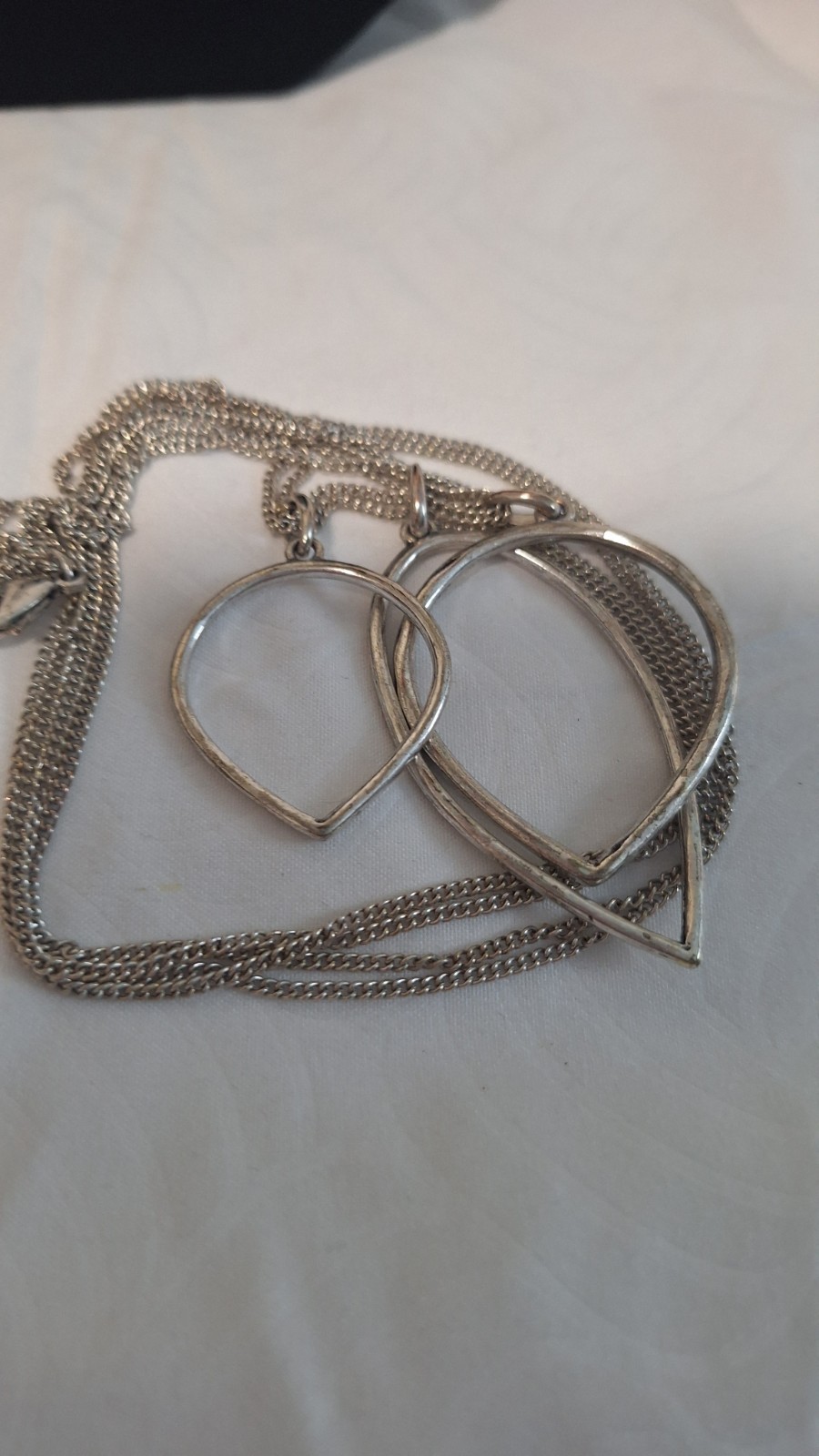 Silver Tone Double Heart Charm Pendant Metal Chain Necklace No Stone
