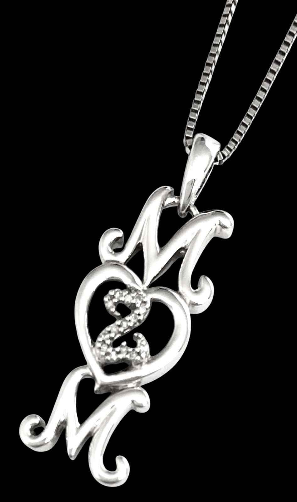 JANE SEYMOUR Sterling Silver DIAMOND OPEN HEART MOM Pendant & Box Chain Necklace