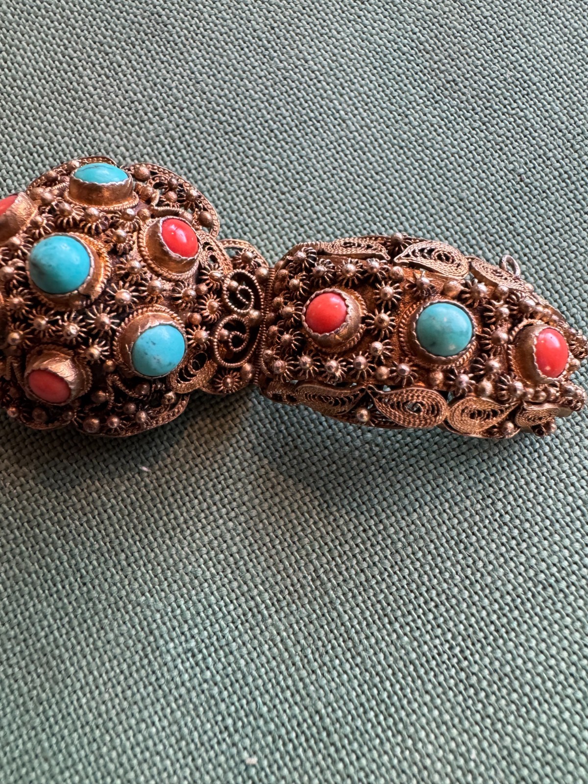 Intricate Gold Wash Silver, Turquoise & Coral Bracelet, ASIA, China, VINTAGE