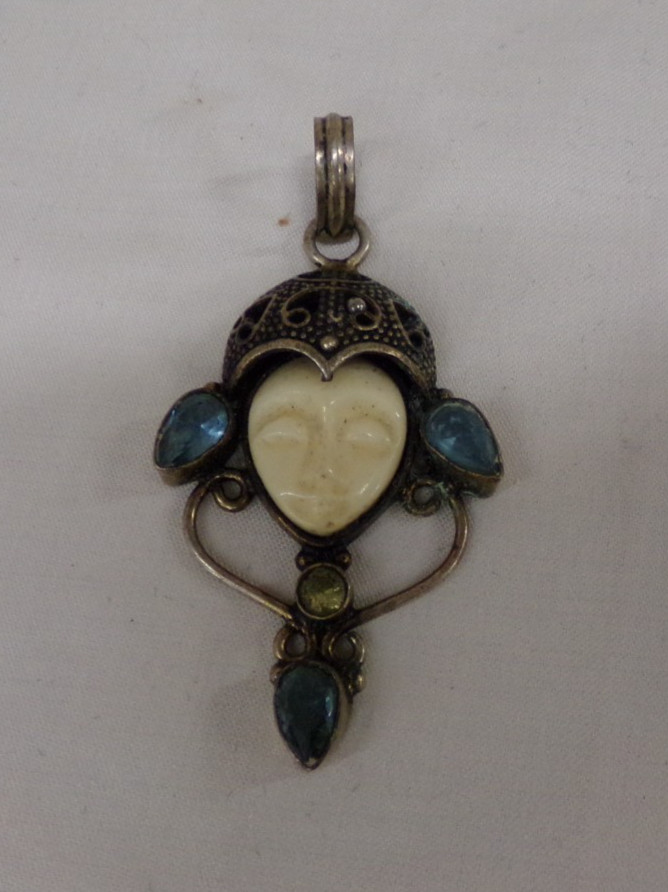 SAJEN Goddess Carved Silver Necklace Pendant With Blue Topaz Stones Unsigned