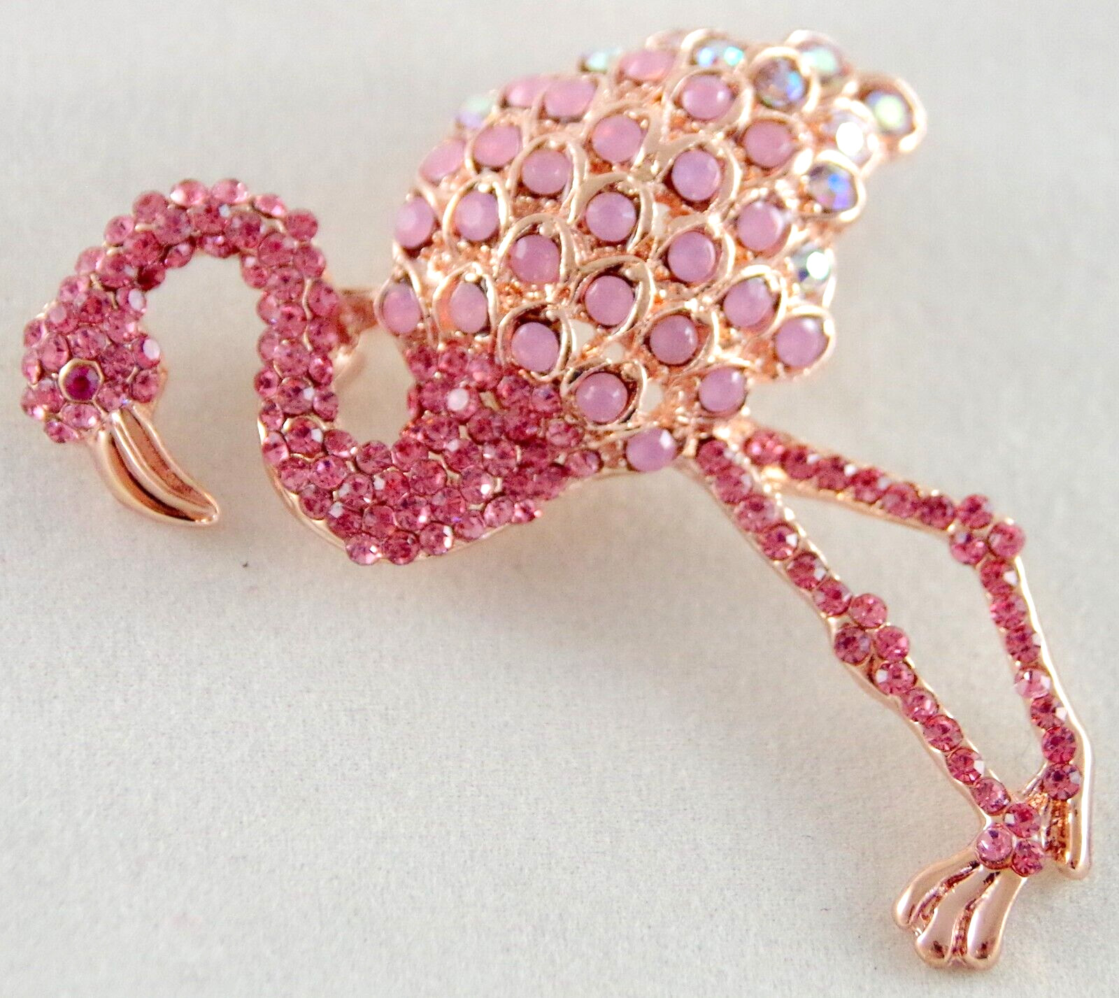 2 1/8″ NWOT PINK & AB RHINESTONE & GOLD TONE PINK FLAMINGO BIRD BROOCH PIN